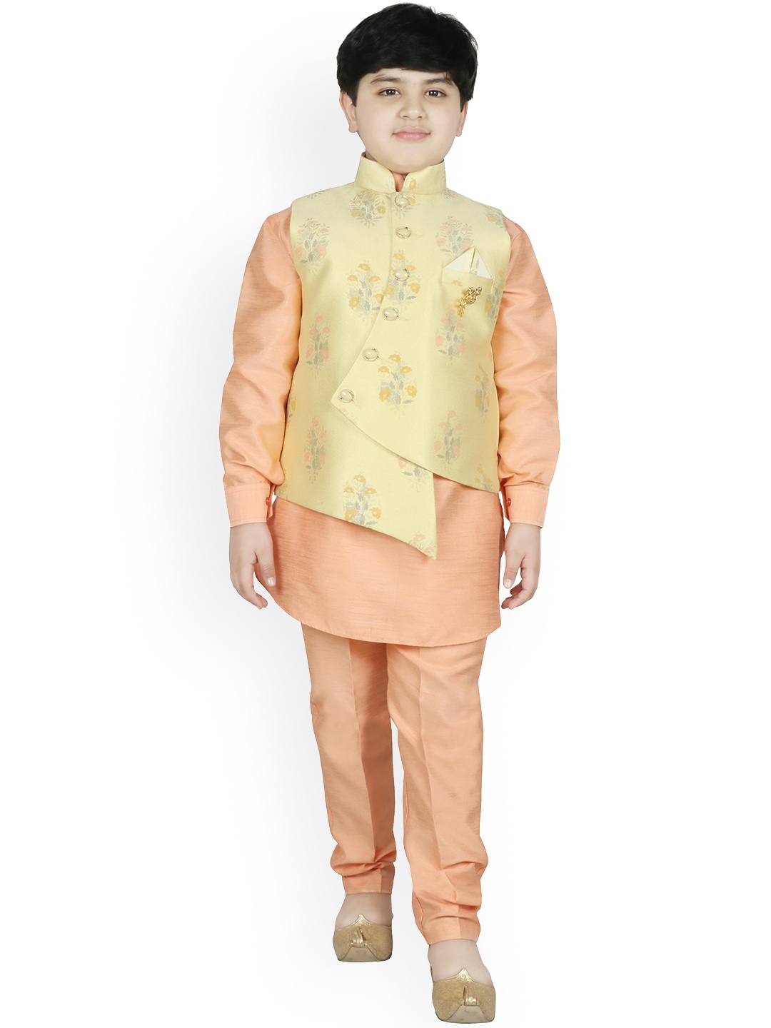 

SG YUVRAJ Boys Pink & Yellow Solid Kurta with Pyjamas & Jacket