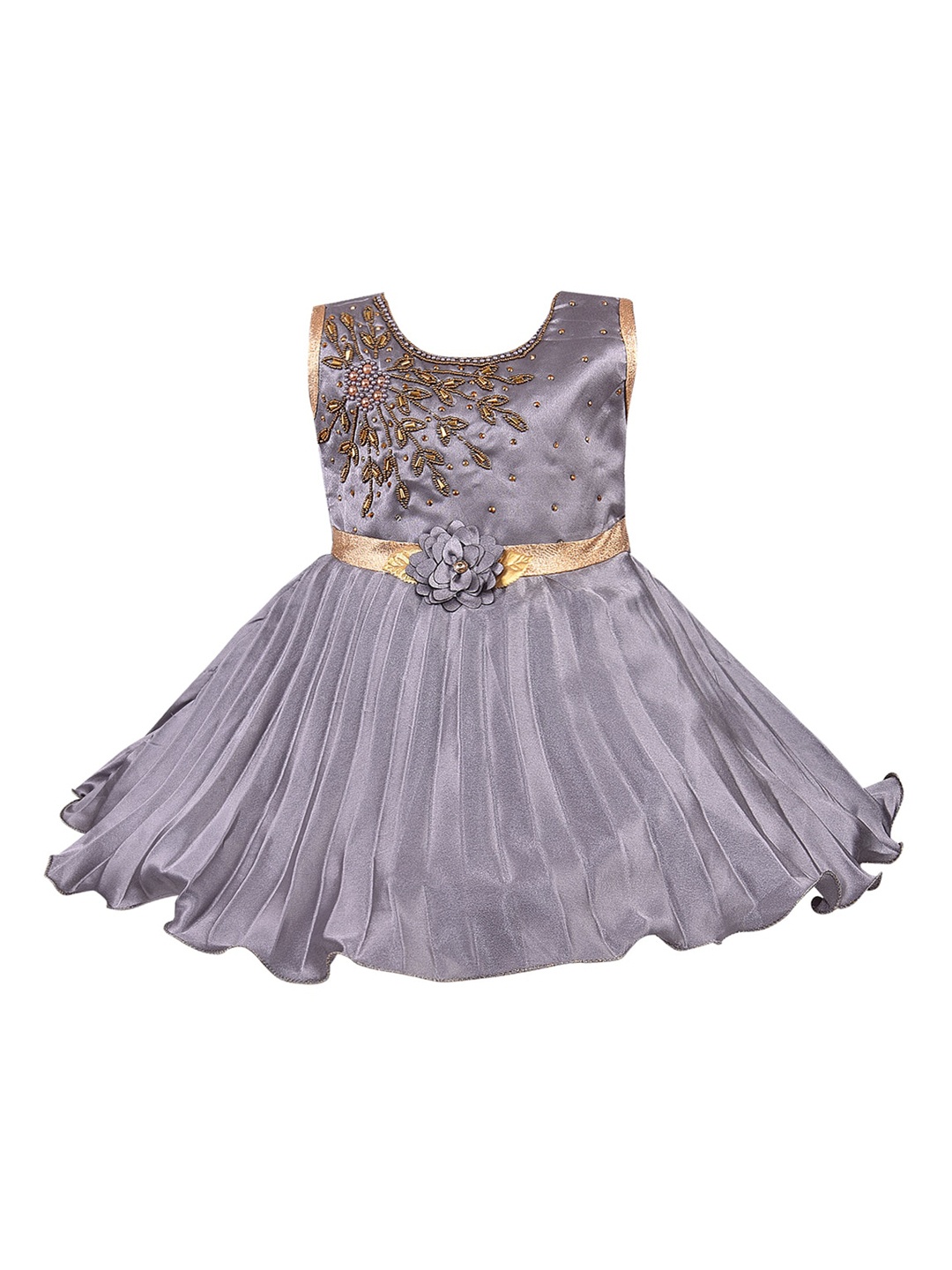 

Wish Karo Girls Grey & Golden Embellished Silk Fit and Flare Dress