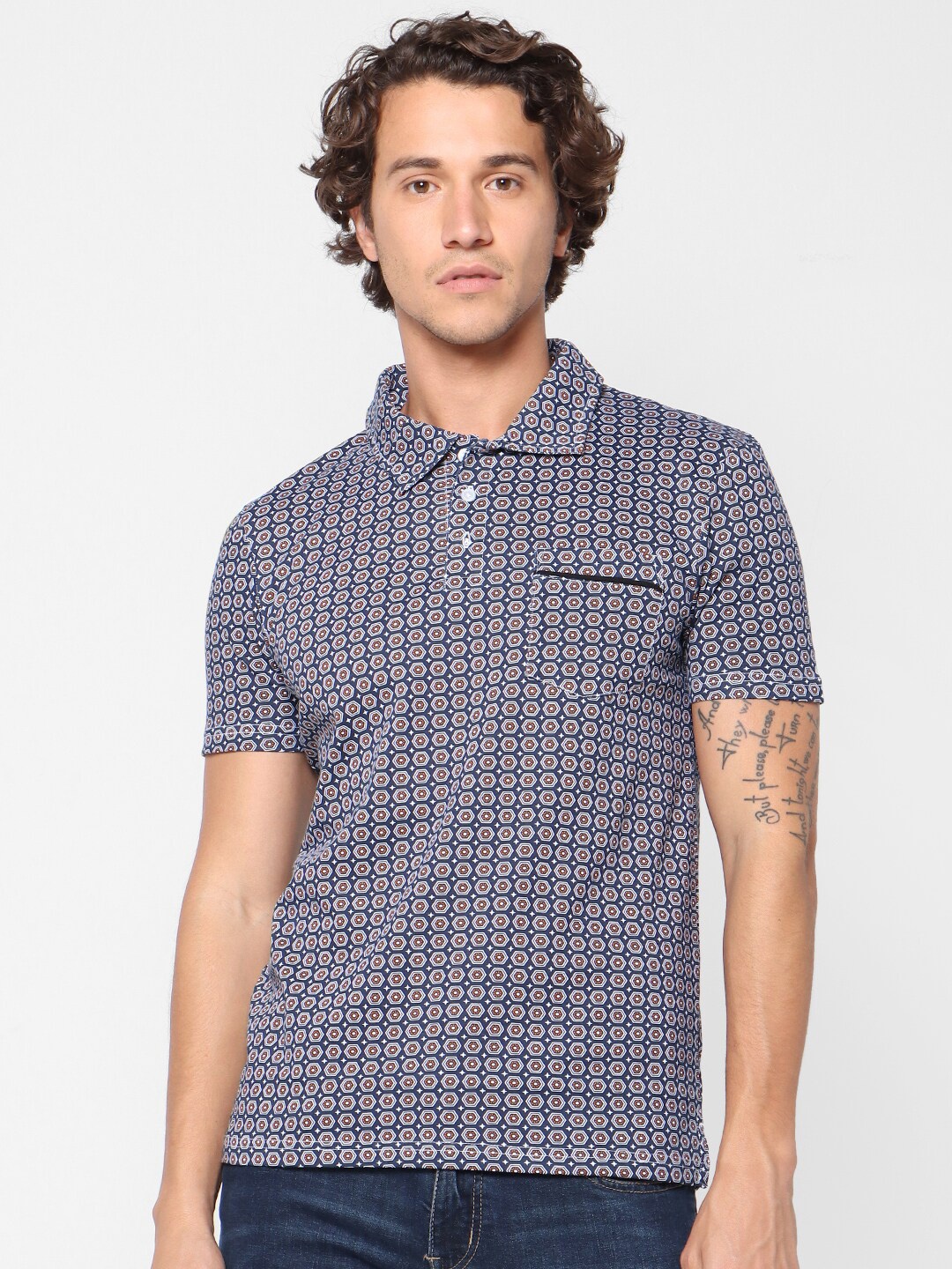 

Celio Men Navy Blue Printed Polo Collar Pure Cotton T-shirt