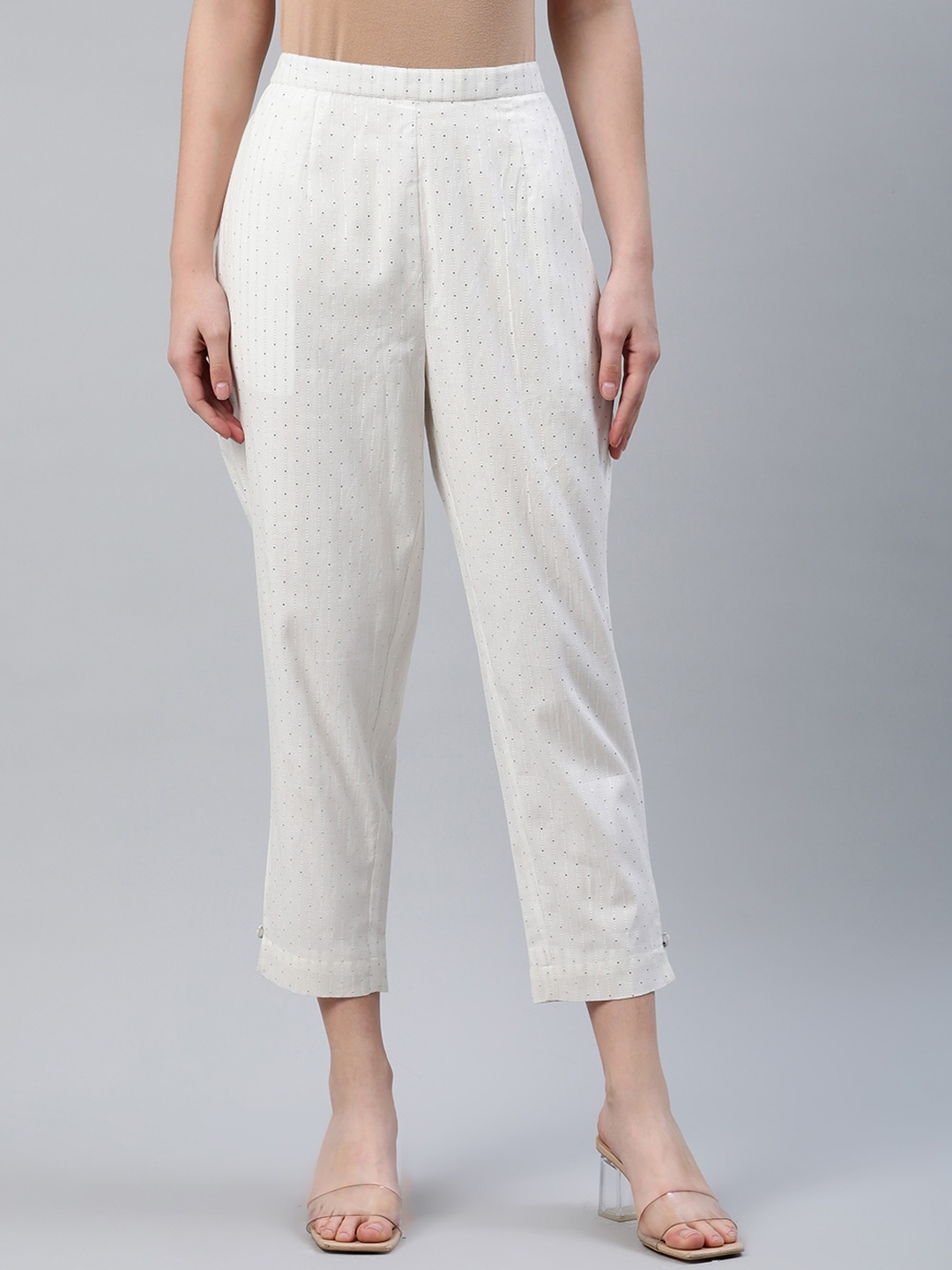 

Libas Women White & Silver Striped Cropped Cigarette Trousers
