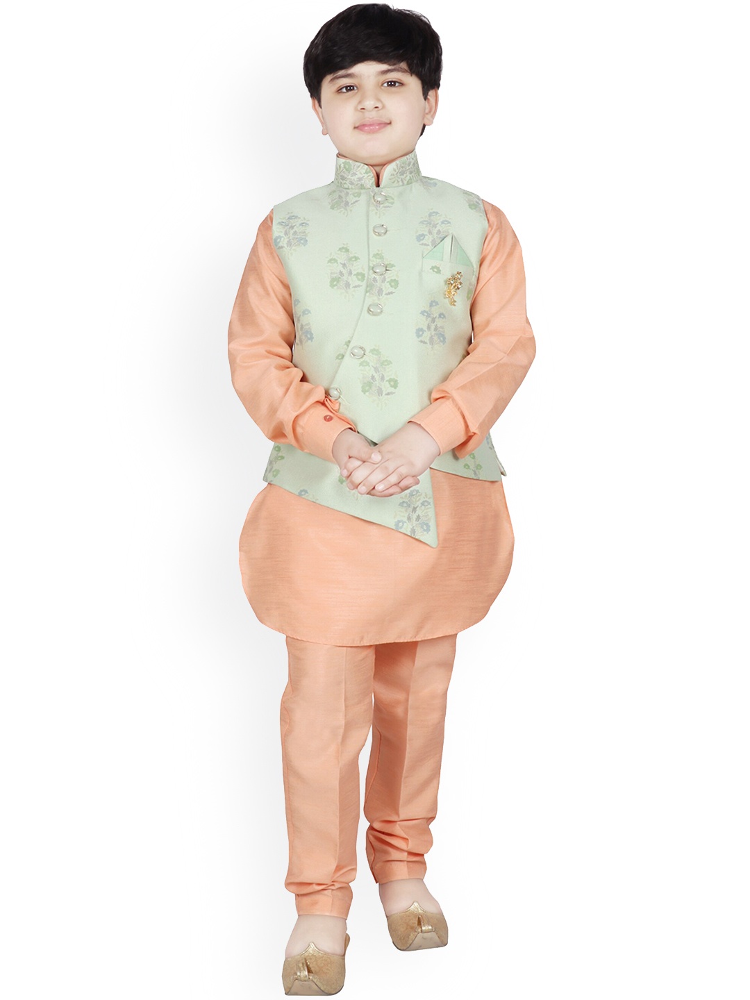 

SG YUVRAJ Boys Peach-Coloured & Green Solid Kurta with Churidar & Nehru Jacket