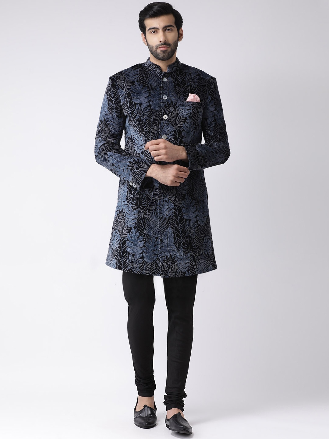 

KISAH Men Blue & Black Printed Sherwani Set