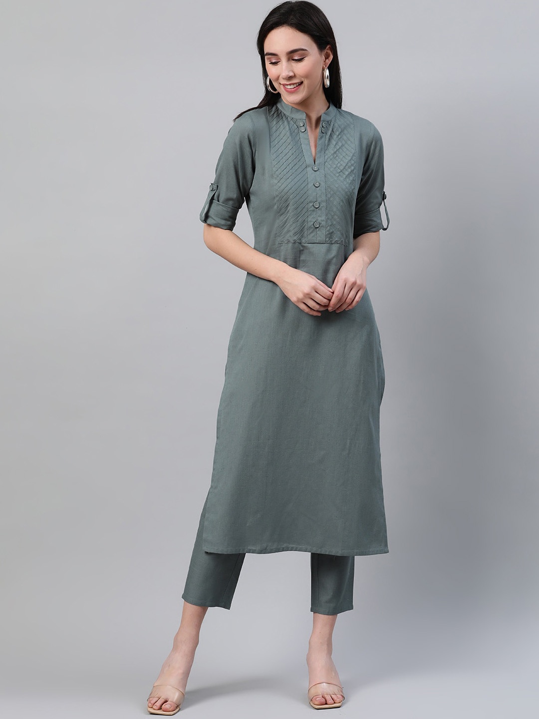Libas Women Grey Cotton Solid Straight Kurta