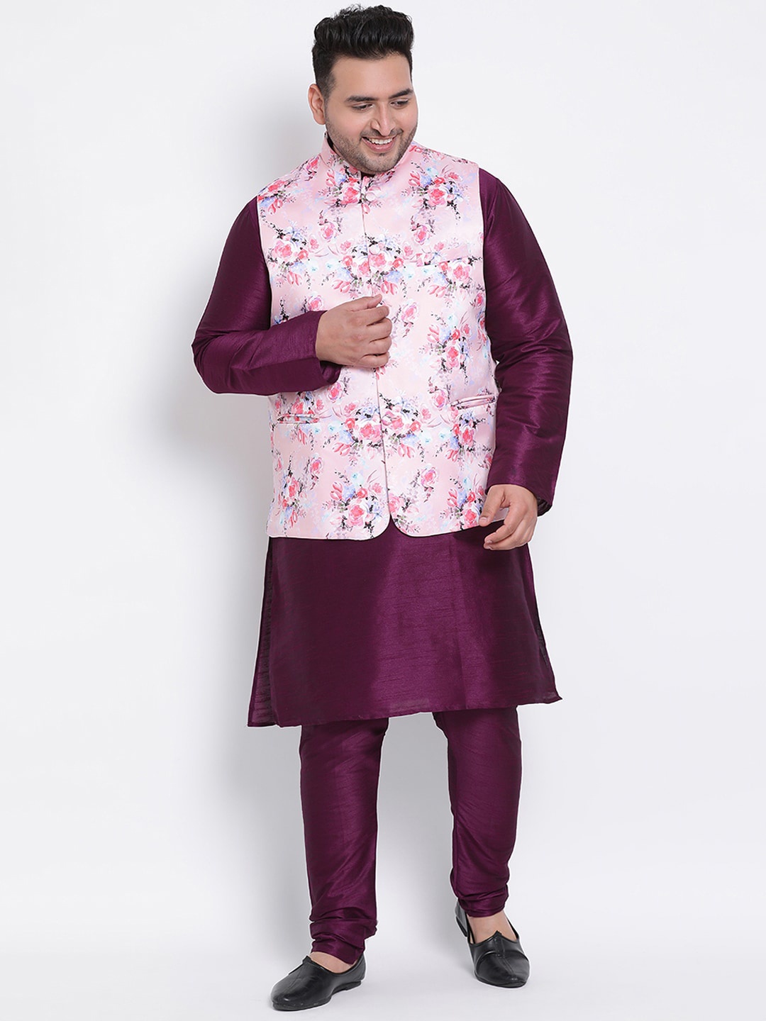 

Hangup Men Purple Solid Kurta with Churidar and Nehru Jacket