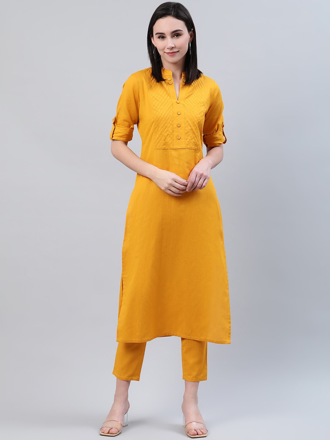 

Libas Women Yellow Band Collar Roll-Up Sleeves A-Line Kurta