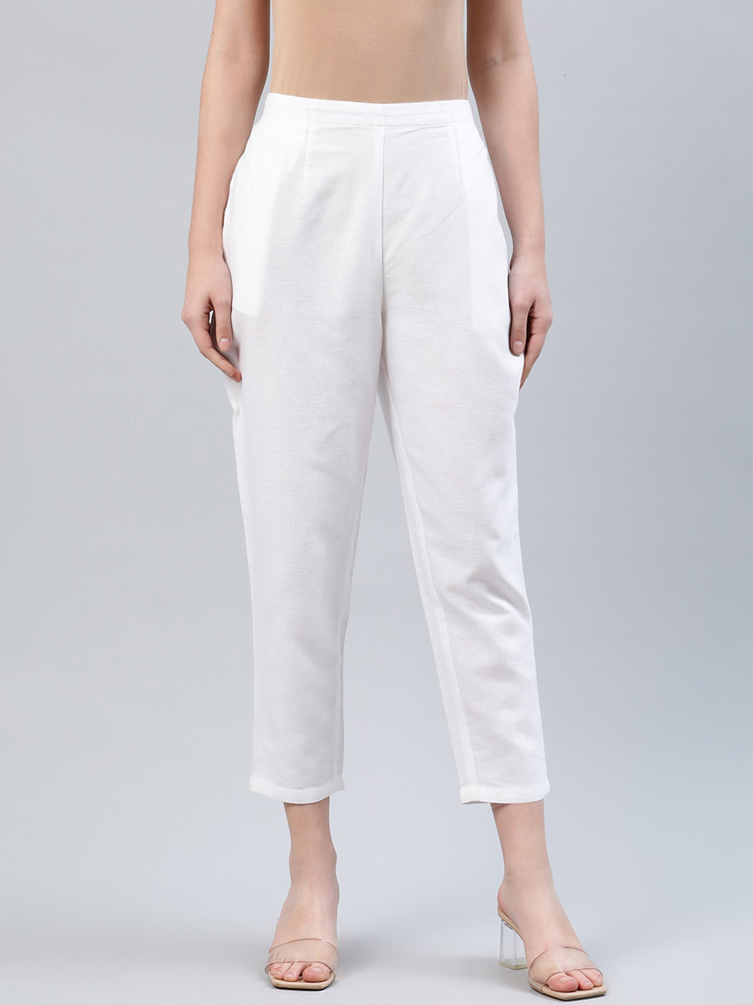 

Libas Women White Solid Cotton Trousers