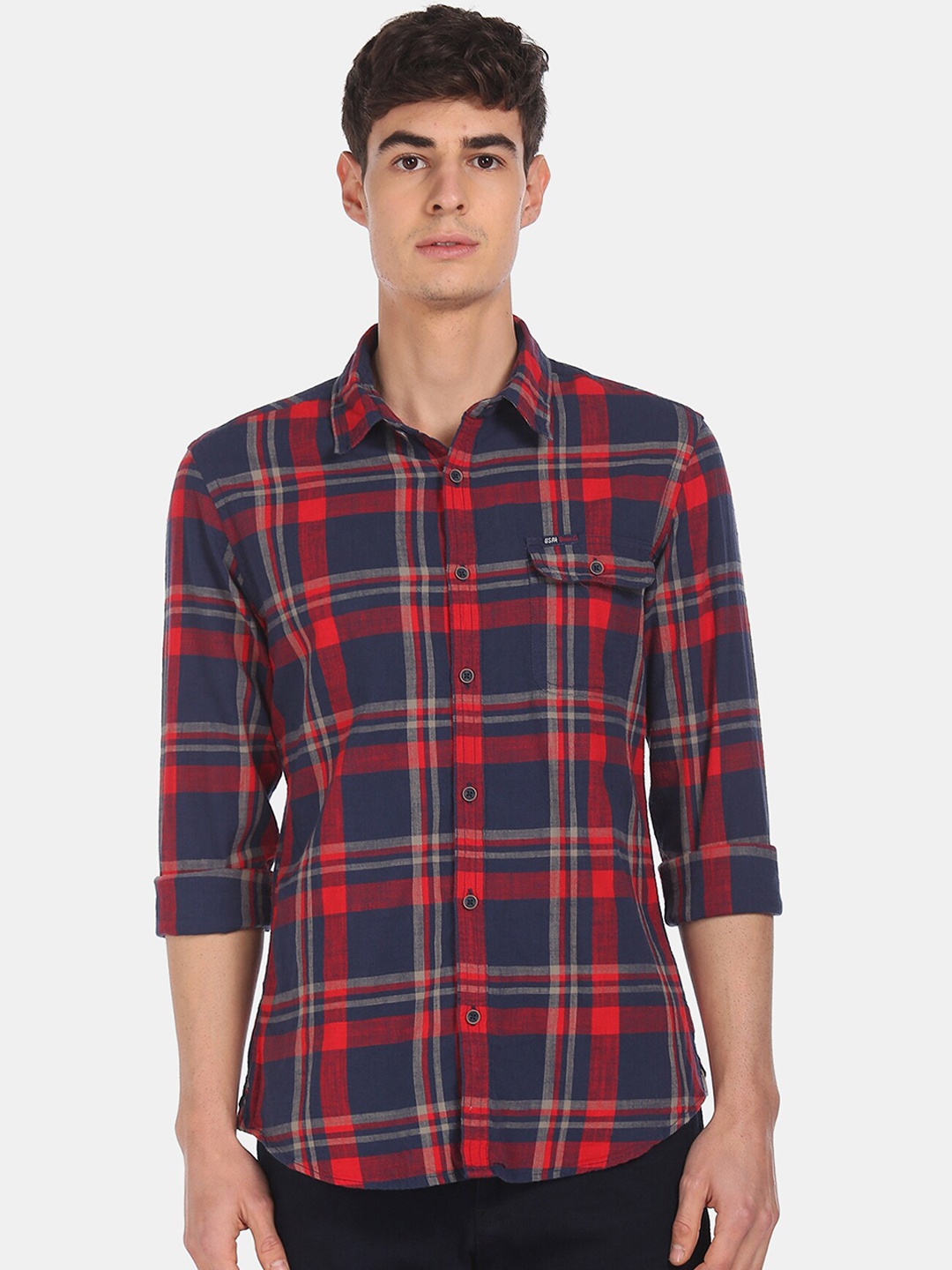 

U.S. Polo Assn. Denim Co. Men Navy Blue & Red Regular Fit Checked Cotton Casual Shirt
