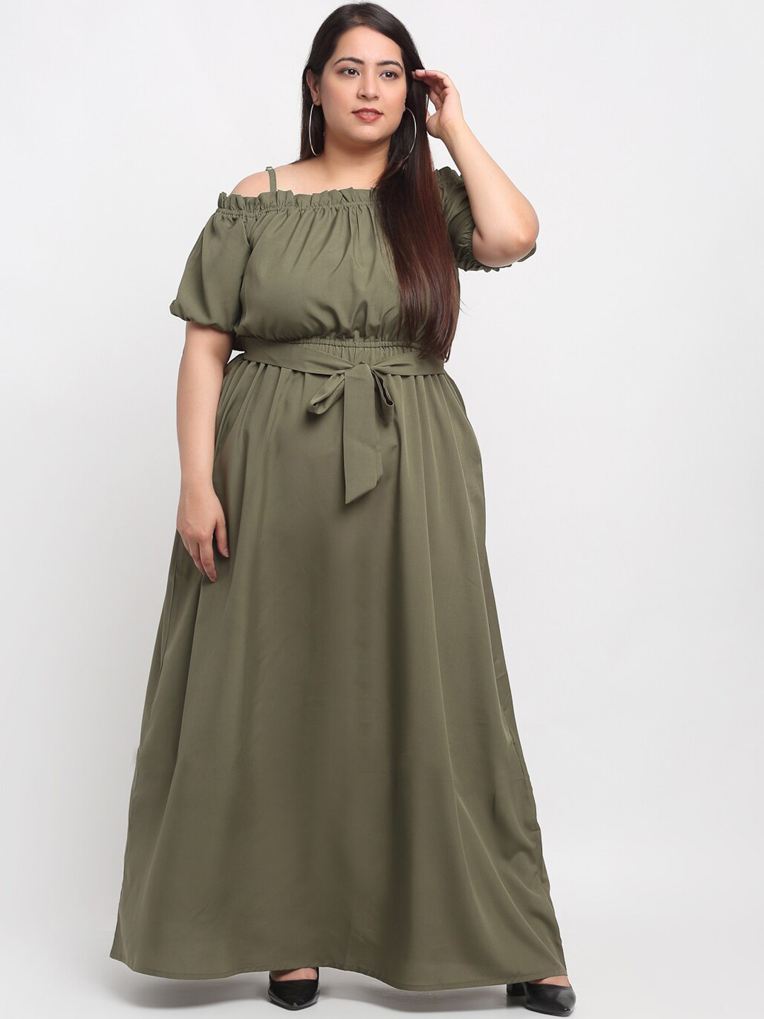 

Flambeur Women Olive Green Solid Crepe Maxi Dress with Tie-Ups