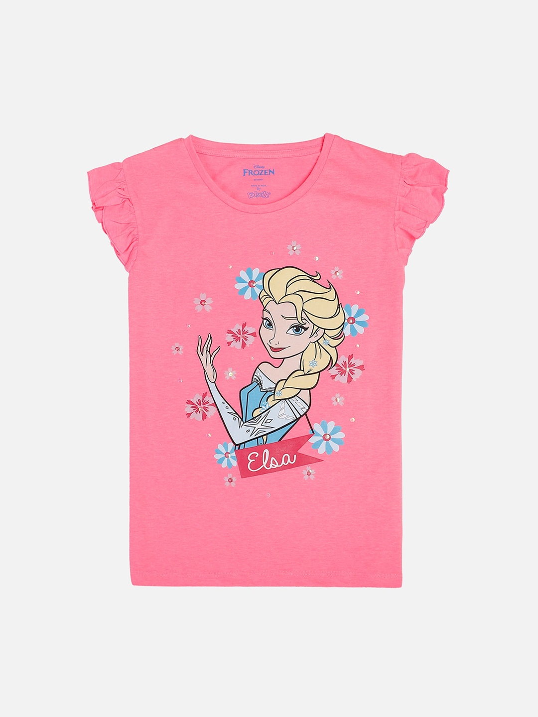 

Kids Ville Girls Pink Elsa Printed Cotton Round Neck Pure Cotton T-shirt