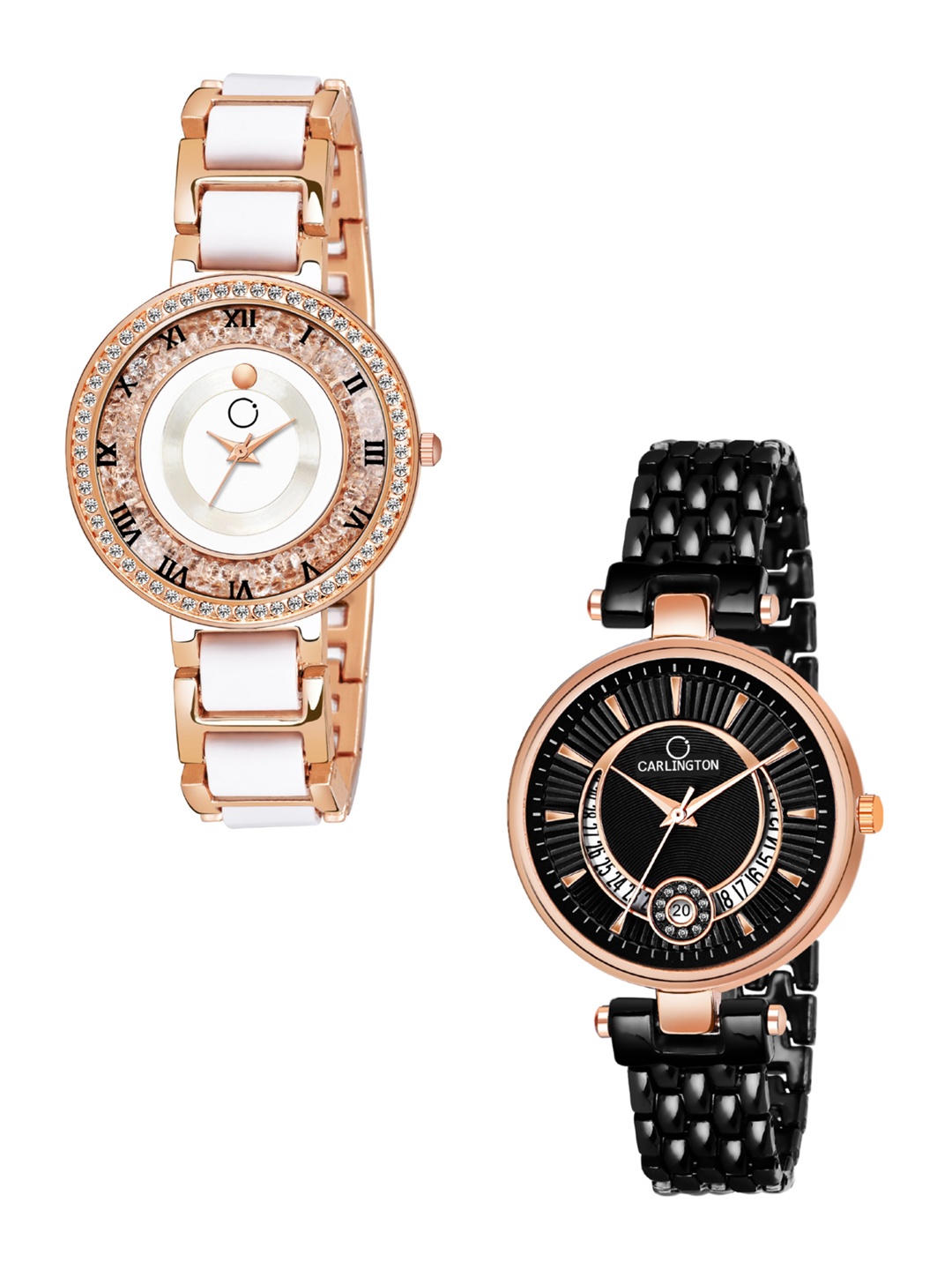 CARLINGTON Women Set Of 2 Analogue Watches Combo Mova RoseWhite and Bella Black, Multi