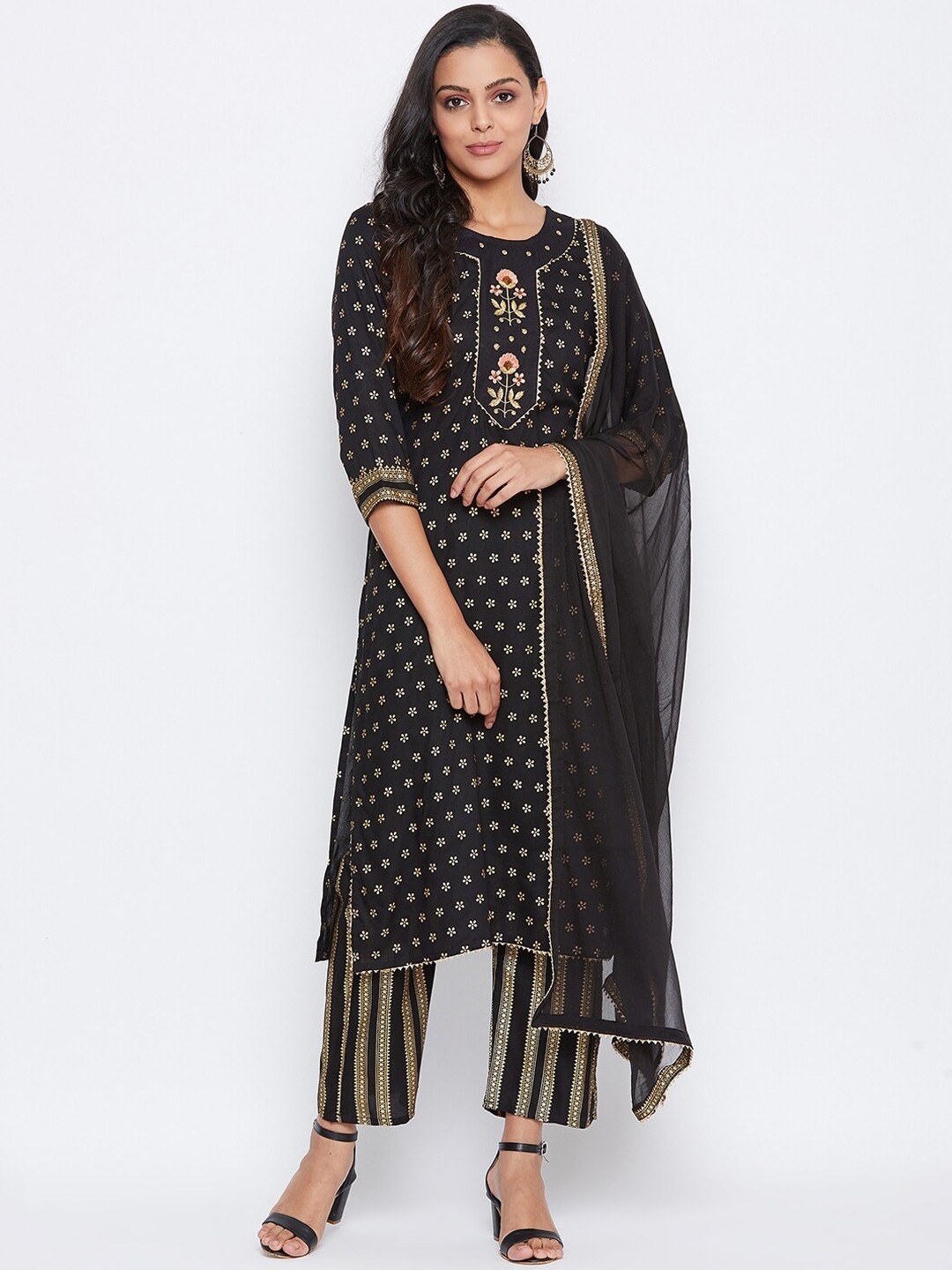 

Prakhya Women Black & Golden Printed Kurta with Palazzos & Dupatta