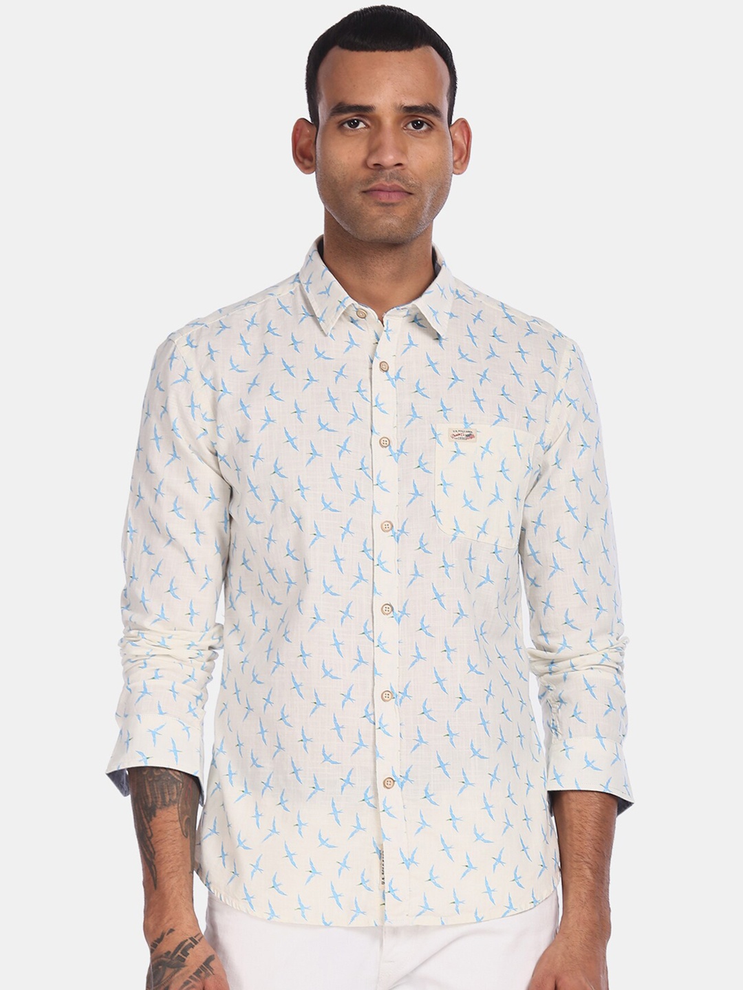 

U.S. Polo Assn. Denim Co. Men White Regular Fit Printed Cotton Casual Shirt