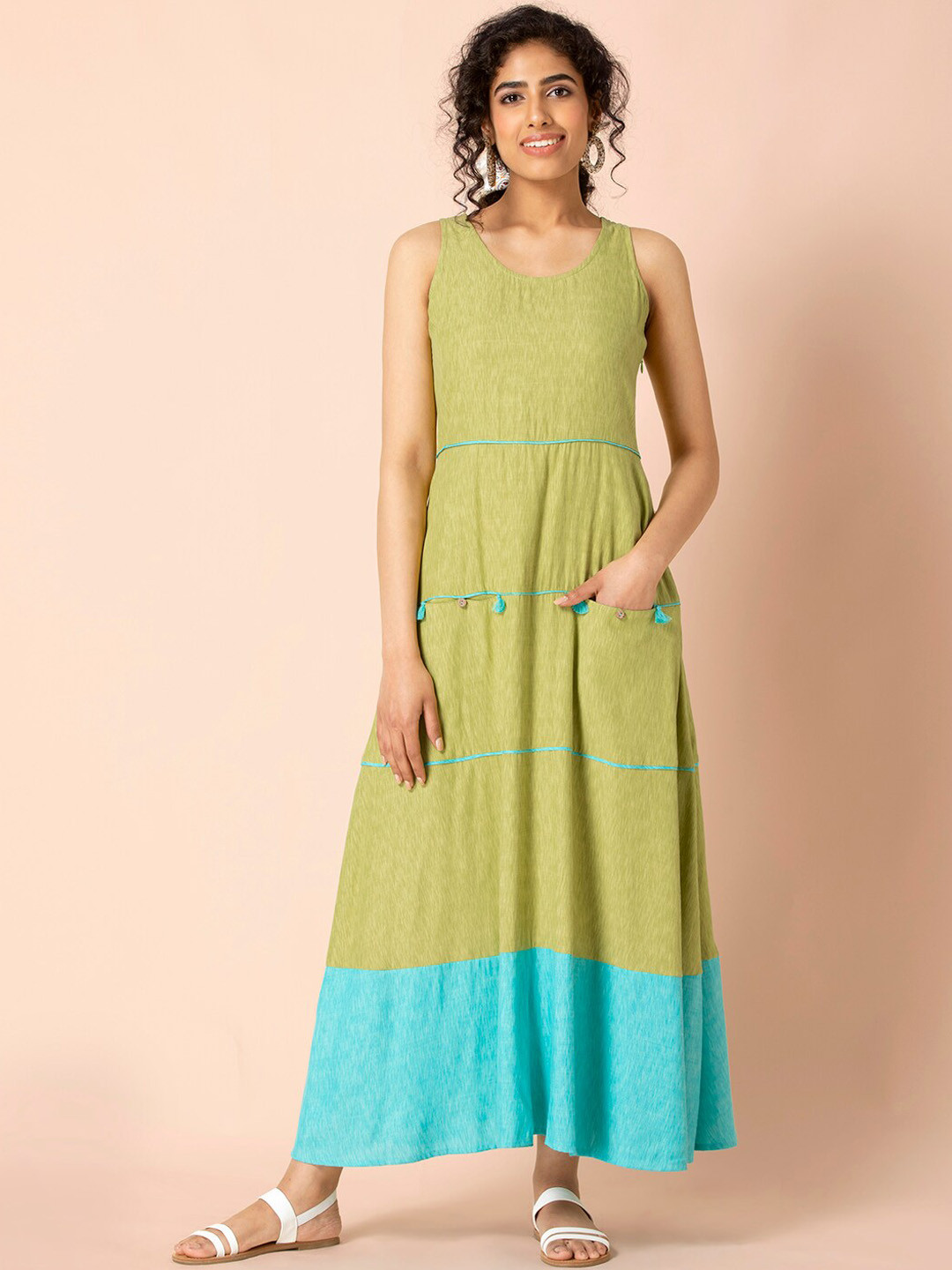 

Earthen BY INDYA Green Colorblock Tasselled Maxi Dress
