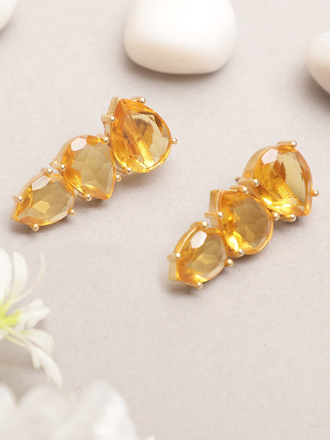 

XAGO Mustard Yellow Gold-Plated Handcrafted Stone Studded Geometric Drop Earrings