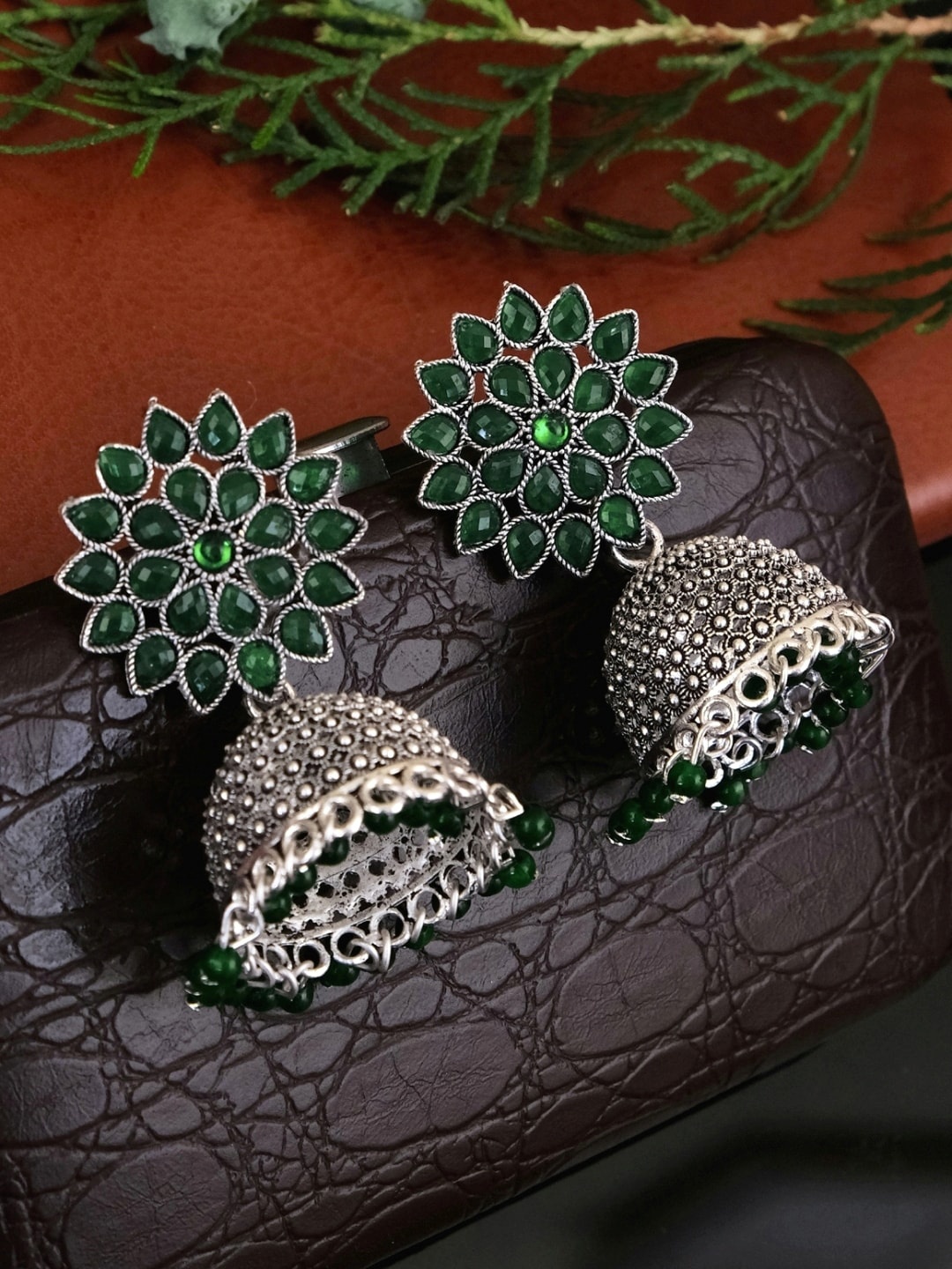 

Crunchy Fashion Green Oxidised Silver-Plated Kundan Studded Dome Shaped Jhumkas