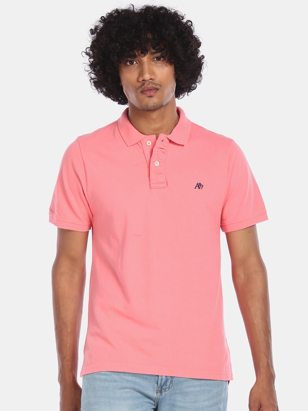 

Aeropostale Men Pink Solid Polo Collar Cotton T-shirt