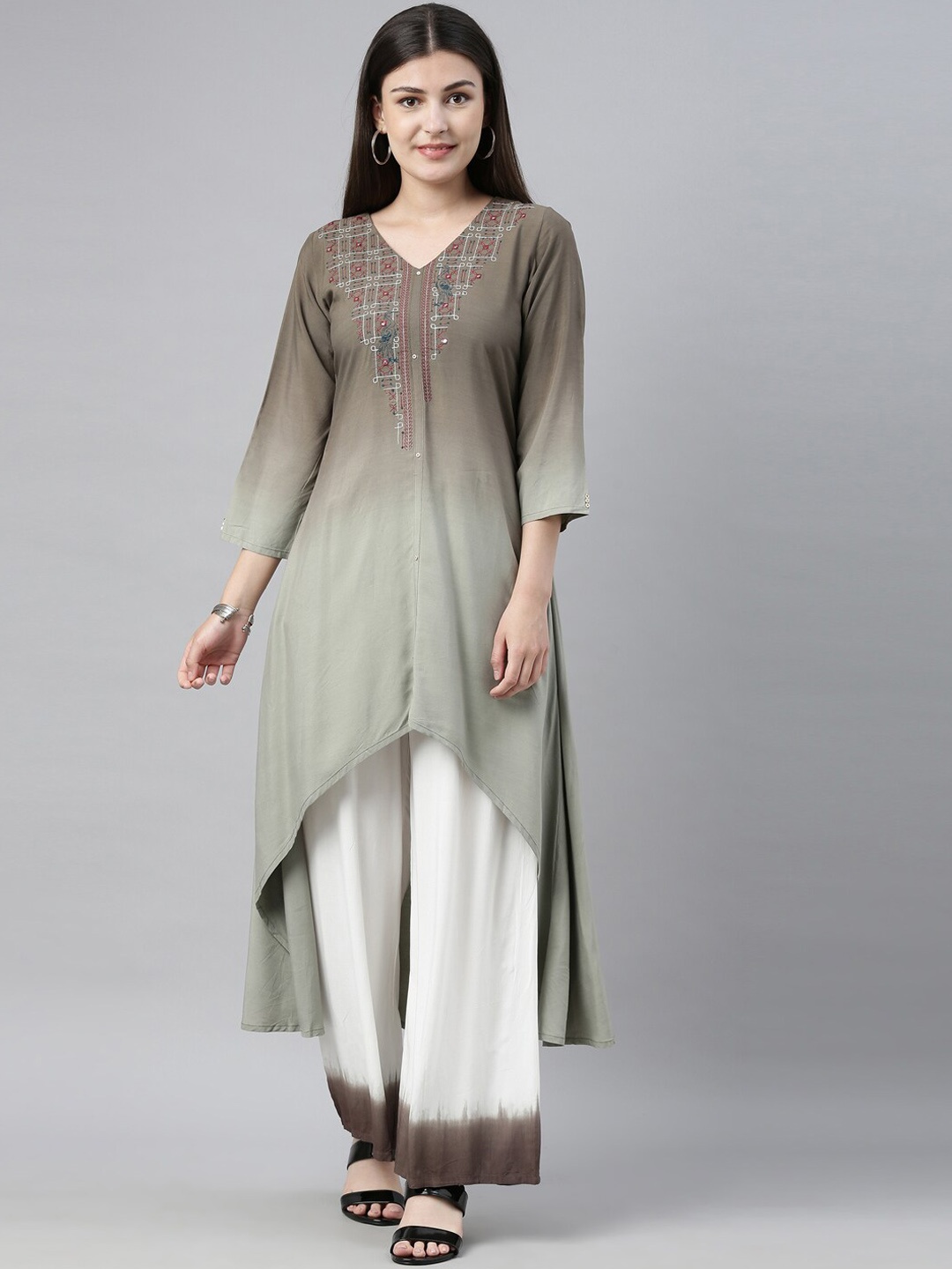 

Neerus Women Olive Green & White Printed Kurta with Palazzos