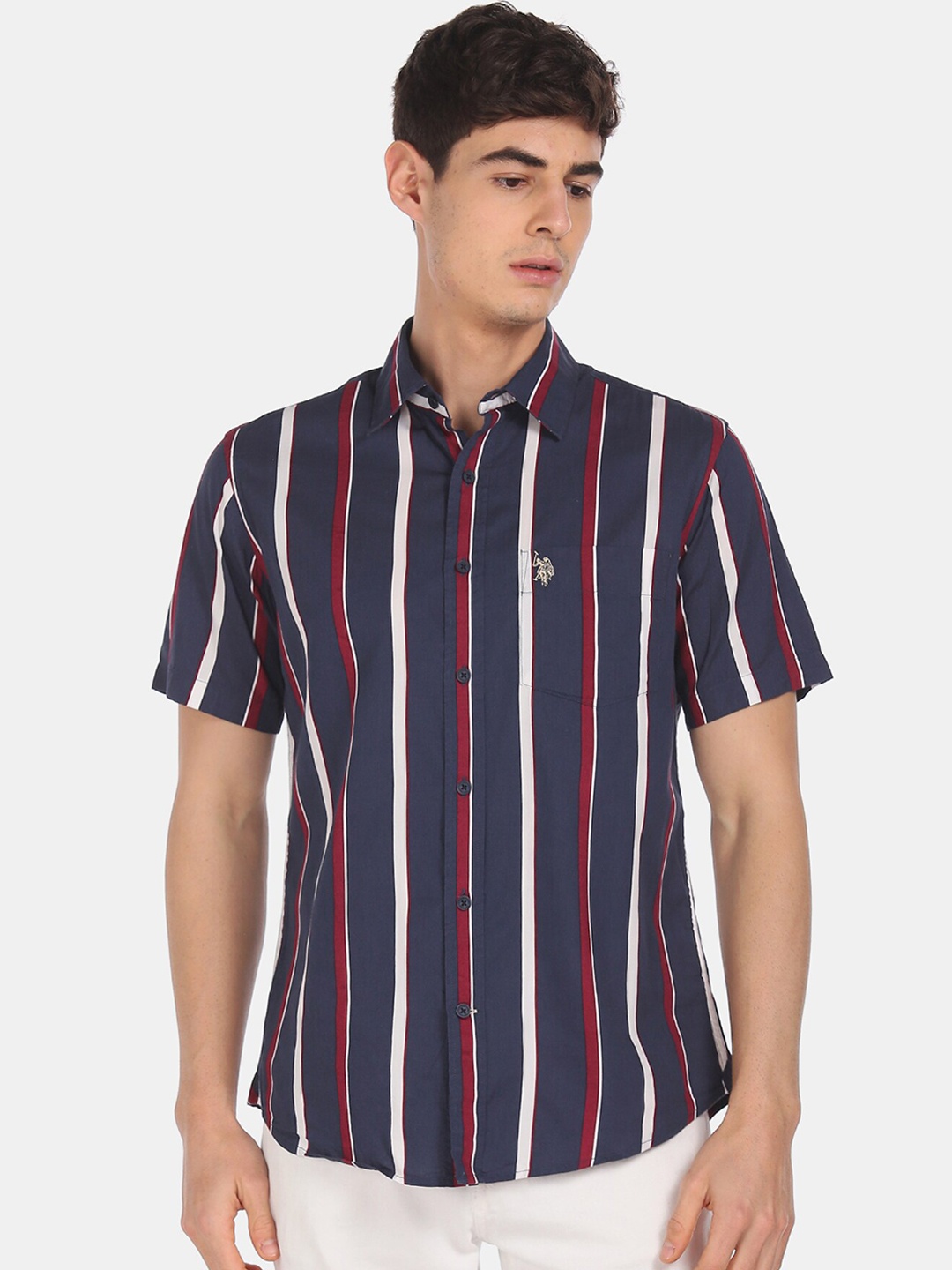 

U.S. Polo Assn. Men Blue & Red Regular Fit Striped Casual Shirt