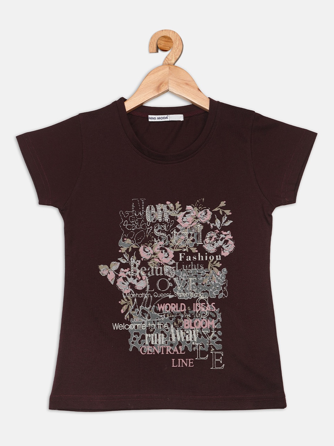 

Nins Moda Girls Coffee Brown & Pink Floral Printed Regular Top