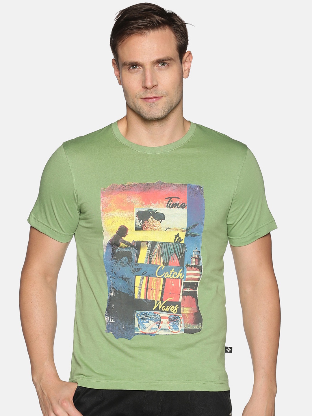 Dollar Men Green Yellow Printed Round Neck Pure Cotton T-shirt