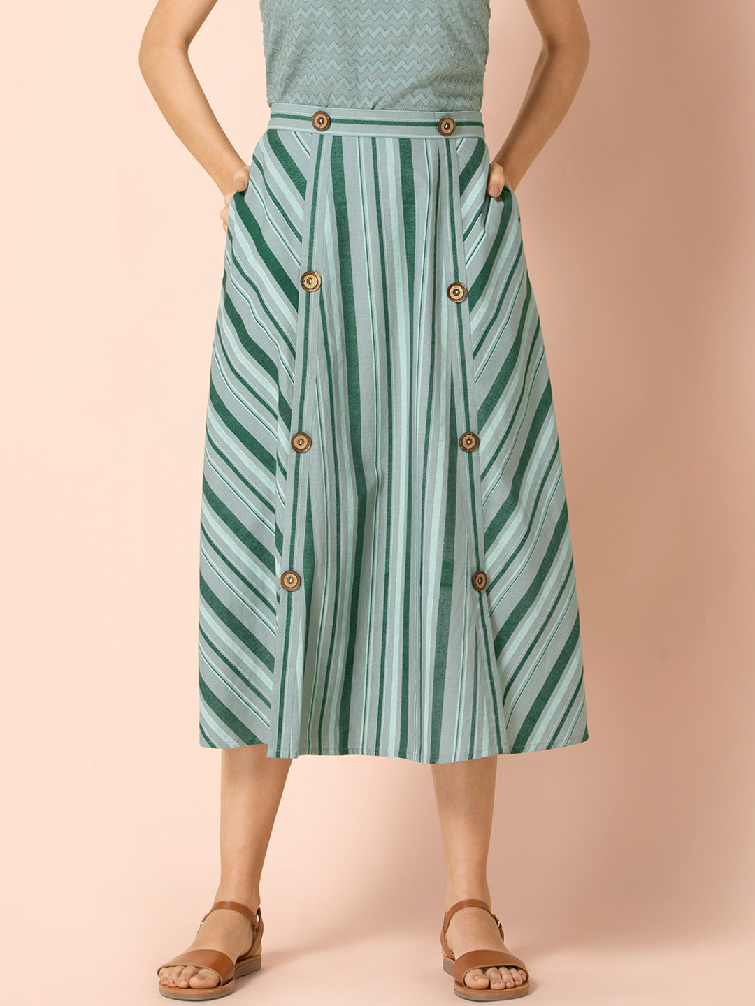 

Earthen BY INDYA Green Striped Buttoned Midi Skirt