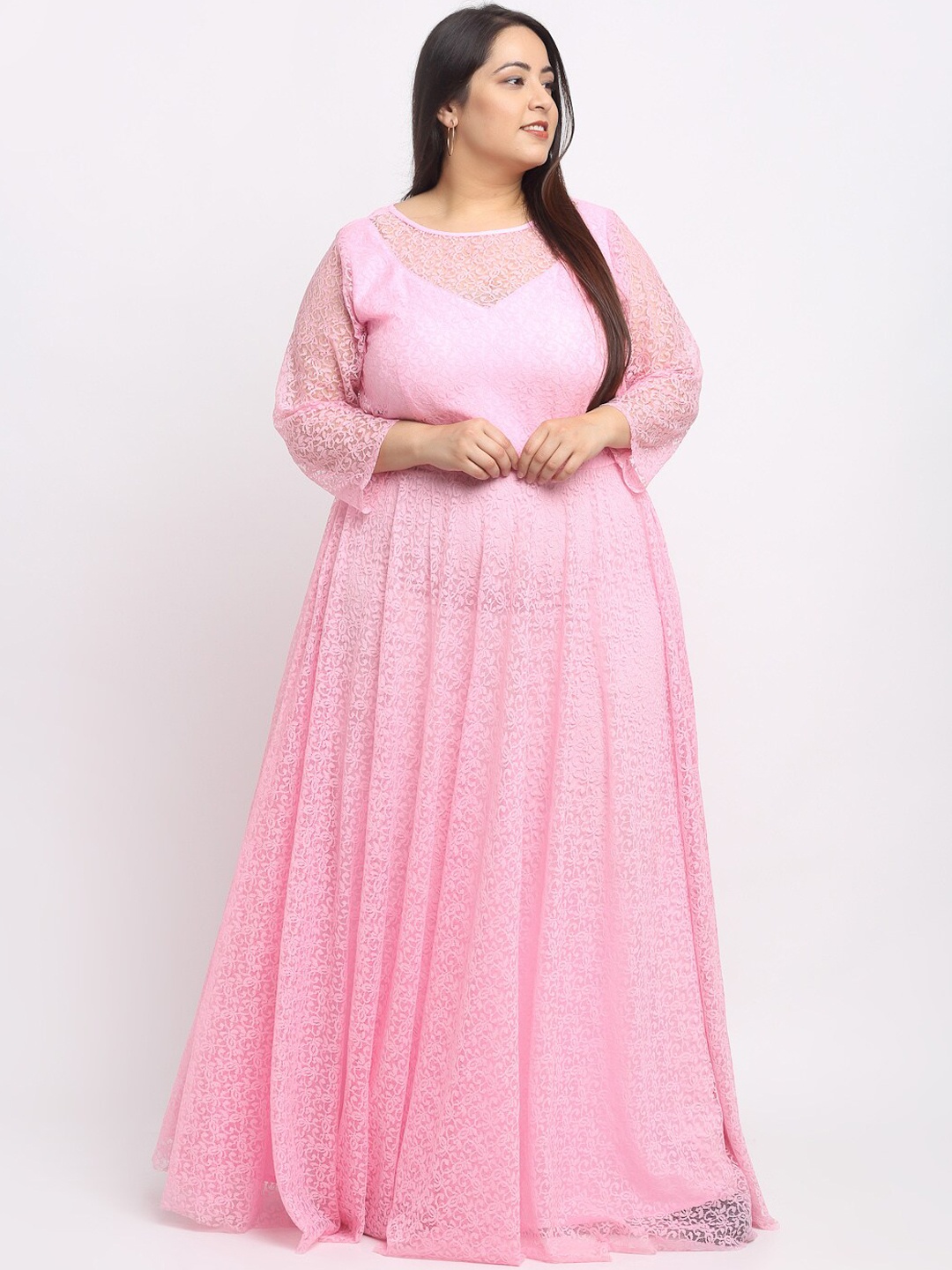 

Flambeur Women Plus Size Pink Lace Self Design Maxi Dress