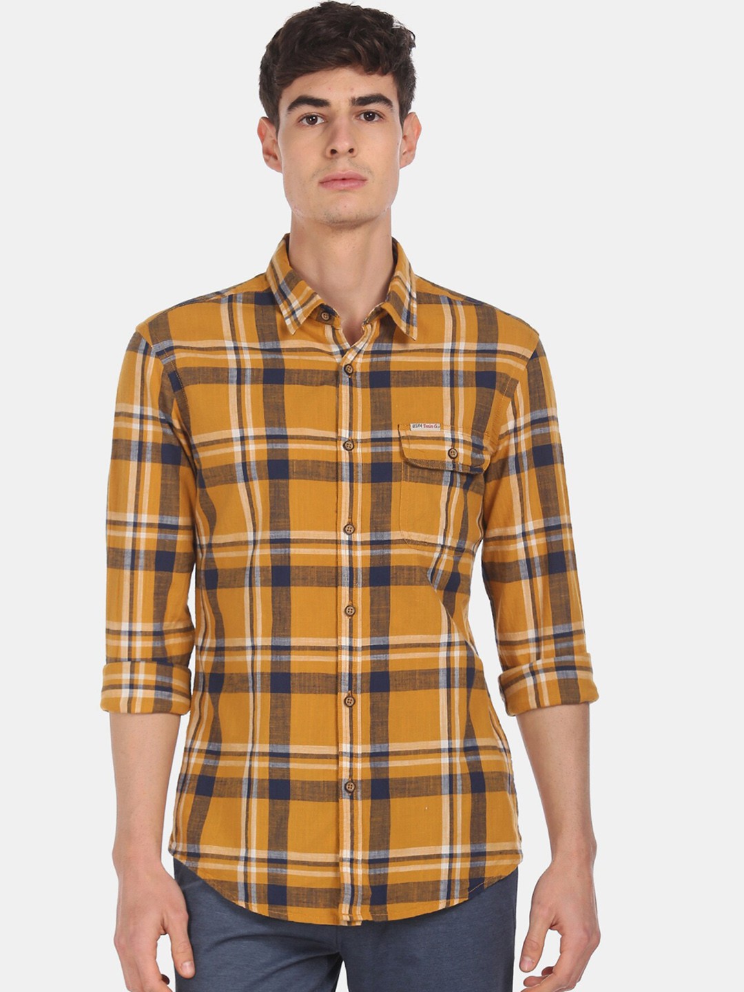 

U.S. Polo Assn. Denim Co. Men Mustard & Grey Regular Fit Checked Cotton Casual Shirt