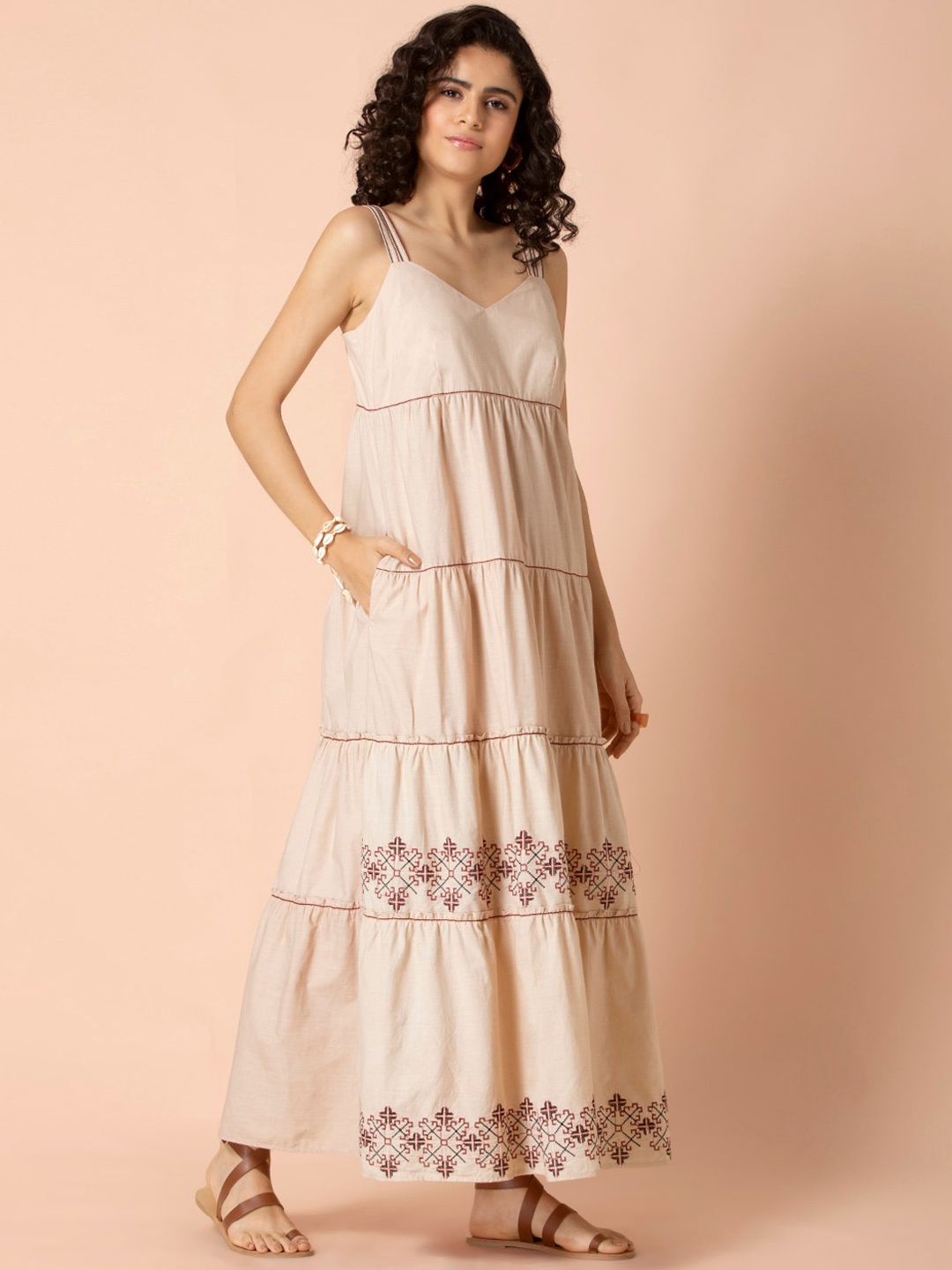 

Earthen BY INDYA Beige Embroidered Tiered Maxi Dress