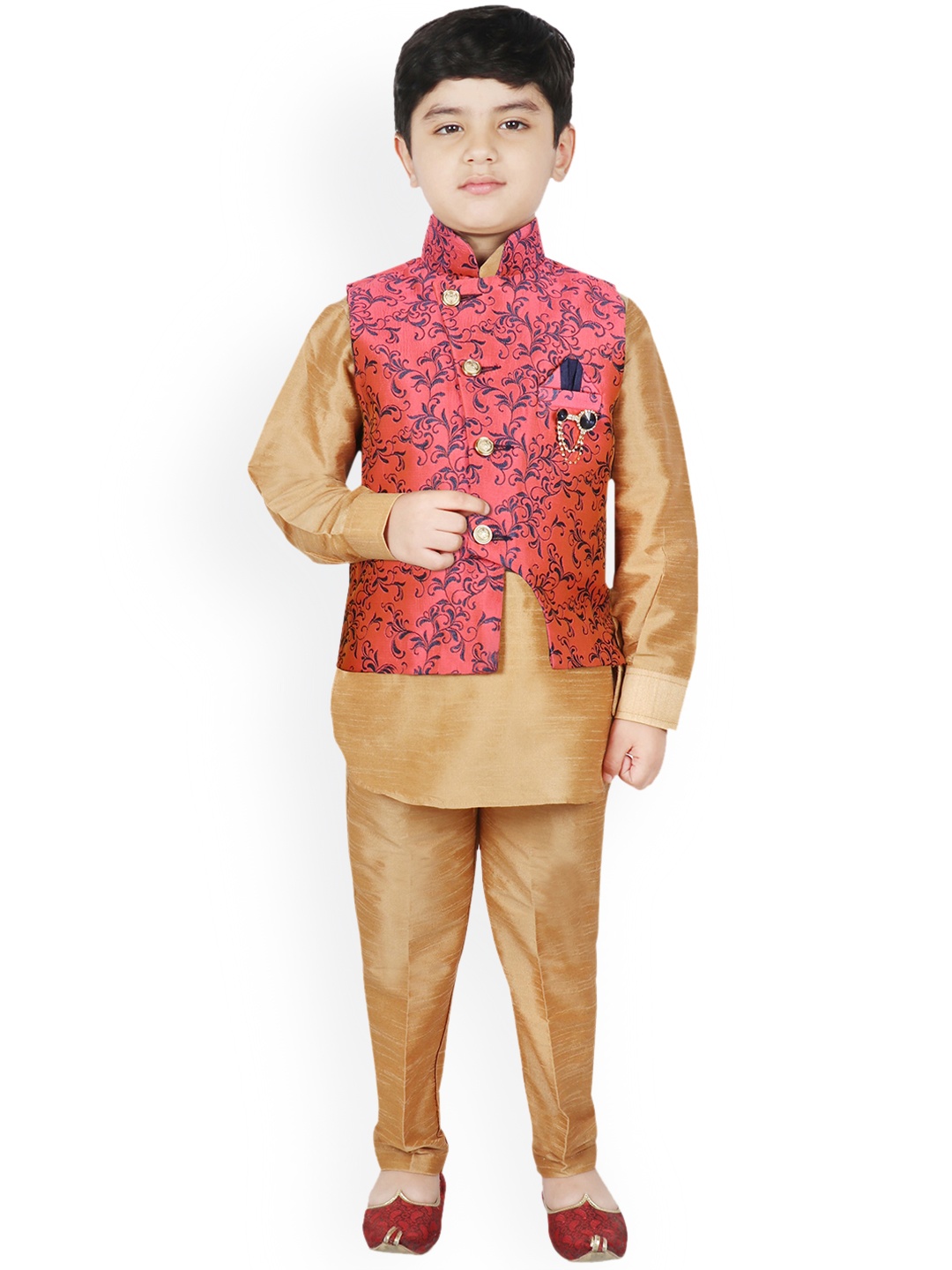 

SG YUVRAJ Boys Gold-Toned & Pink Solid Kurta Set with Jacket