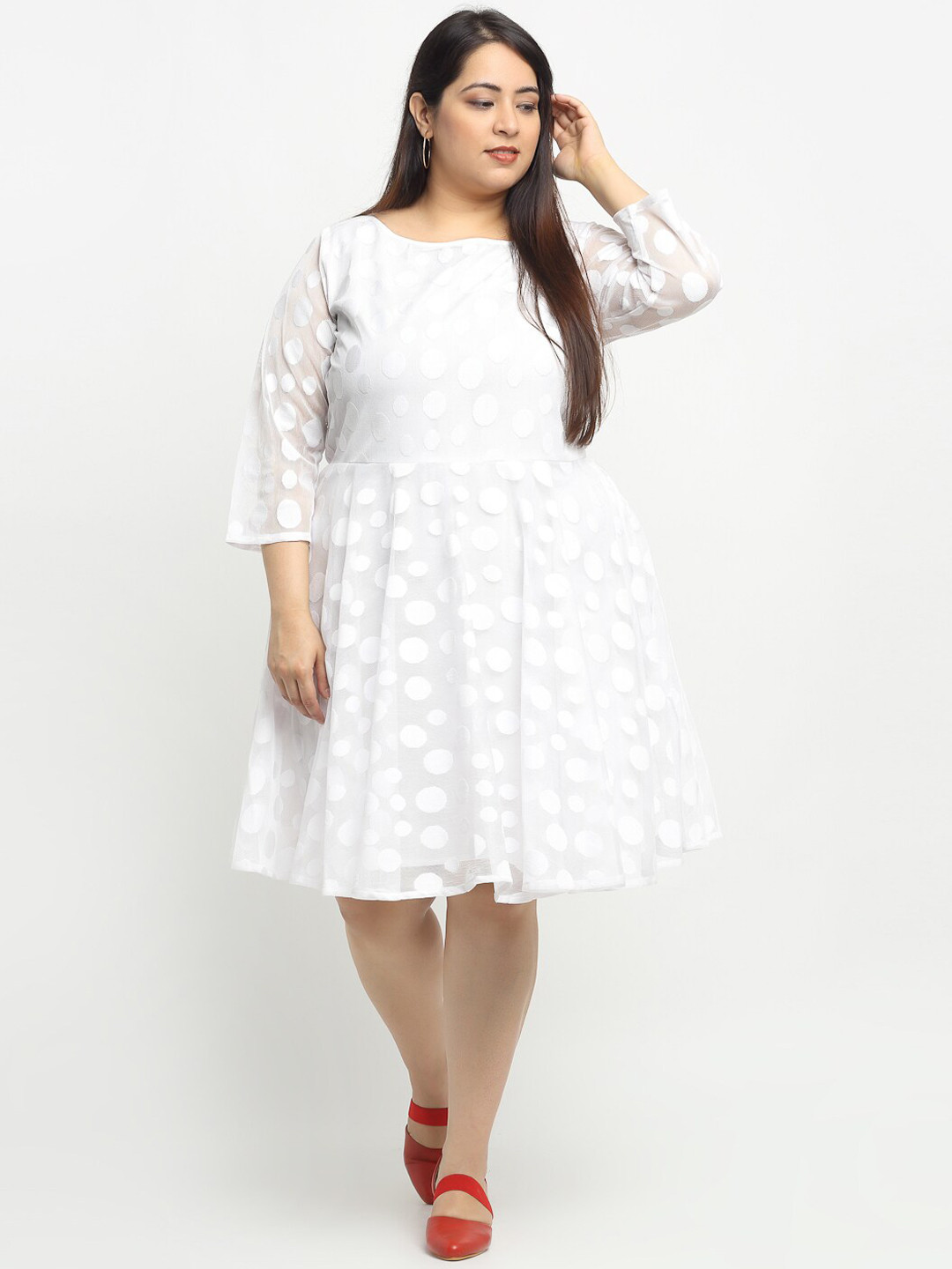 

Flambeur Women Plus Size White Printed Fit & Flare Dress