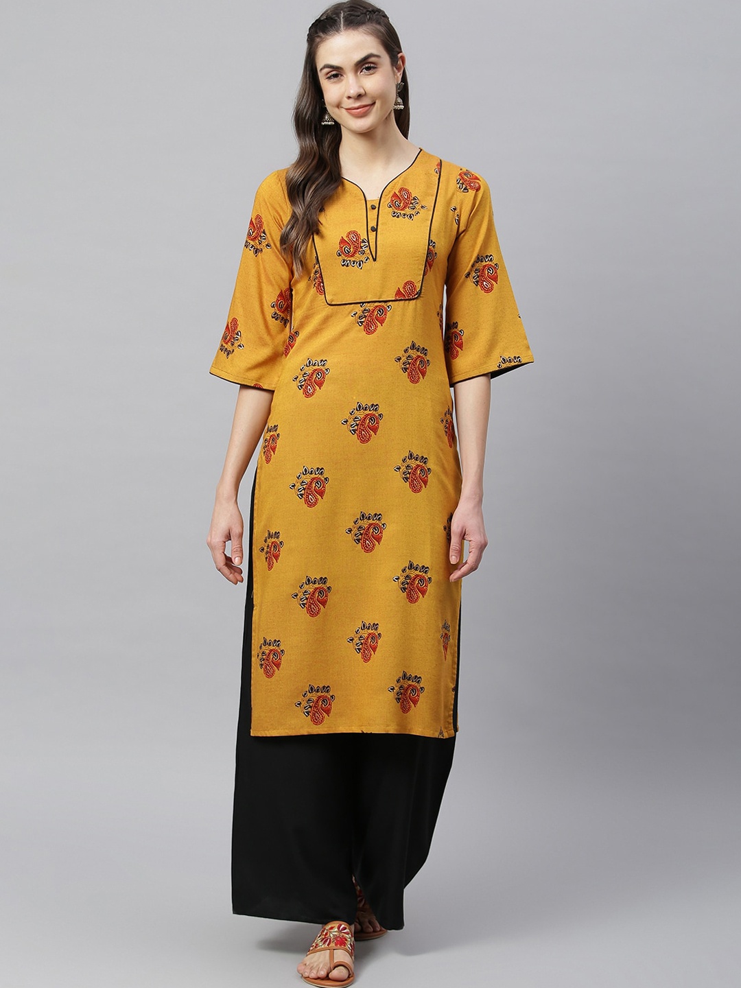 

HK colours of fashion Women Mustard Yellow Ethnic Motifs Printed Kurta