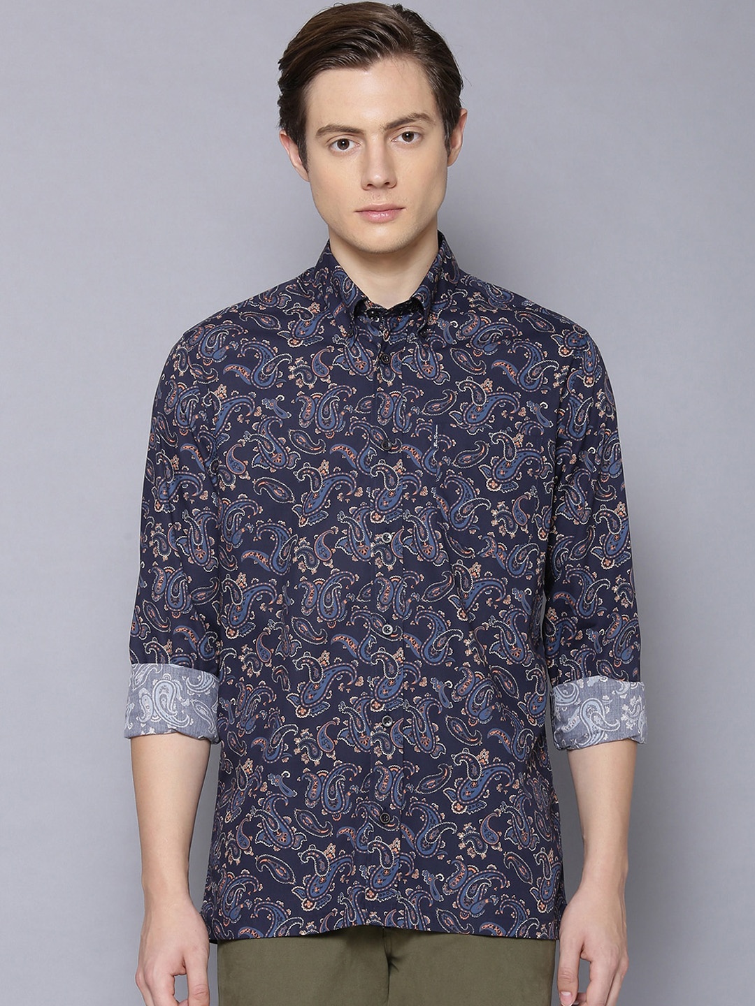 BEN SHERMAN Men Blue & Orange Regular Fit Printed Casual Shirt