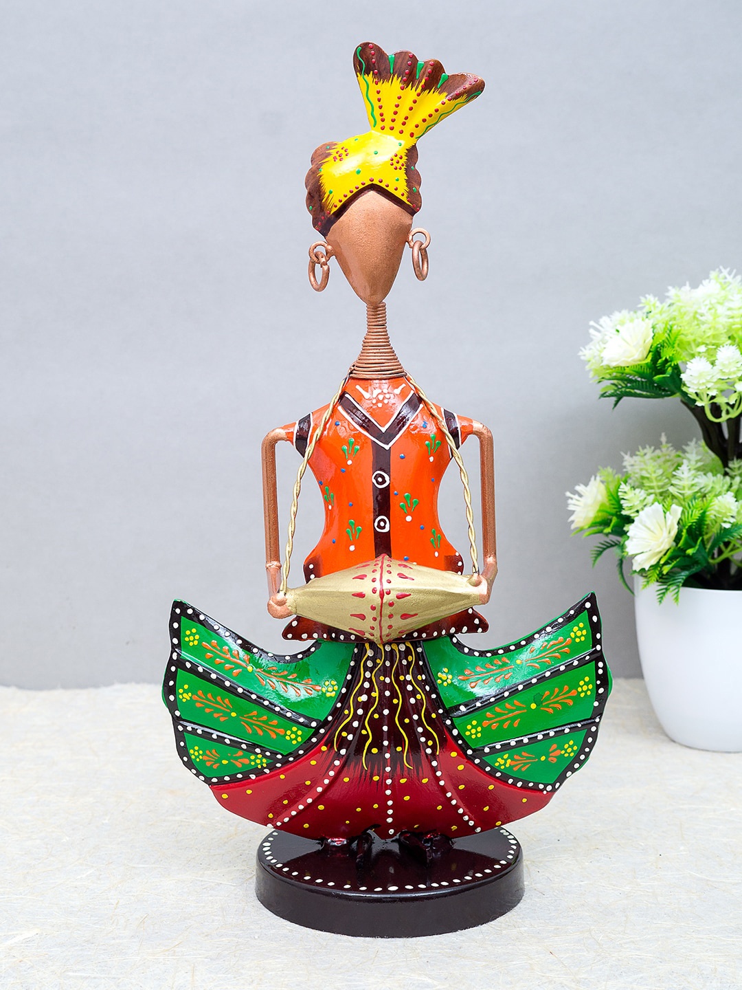 

Golden Peacock Orange & Green Handcrafted Pagdi Musicians Showpiece