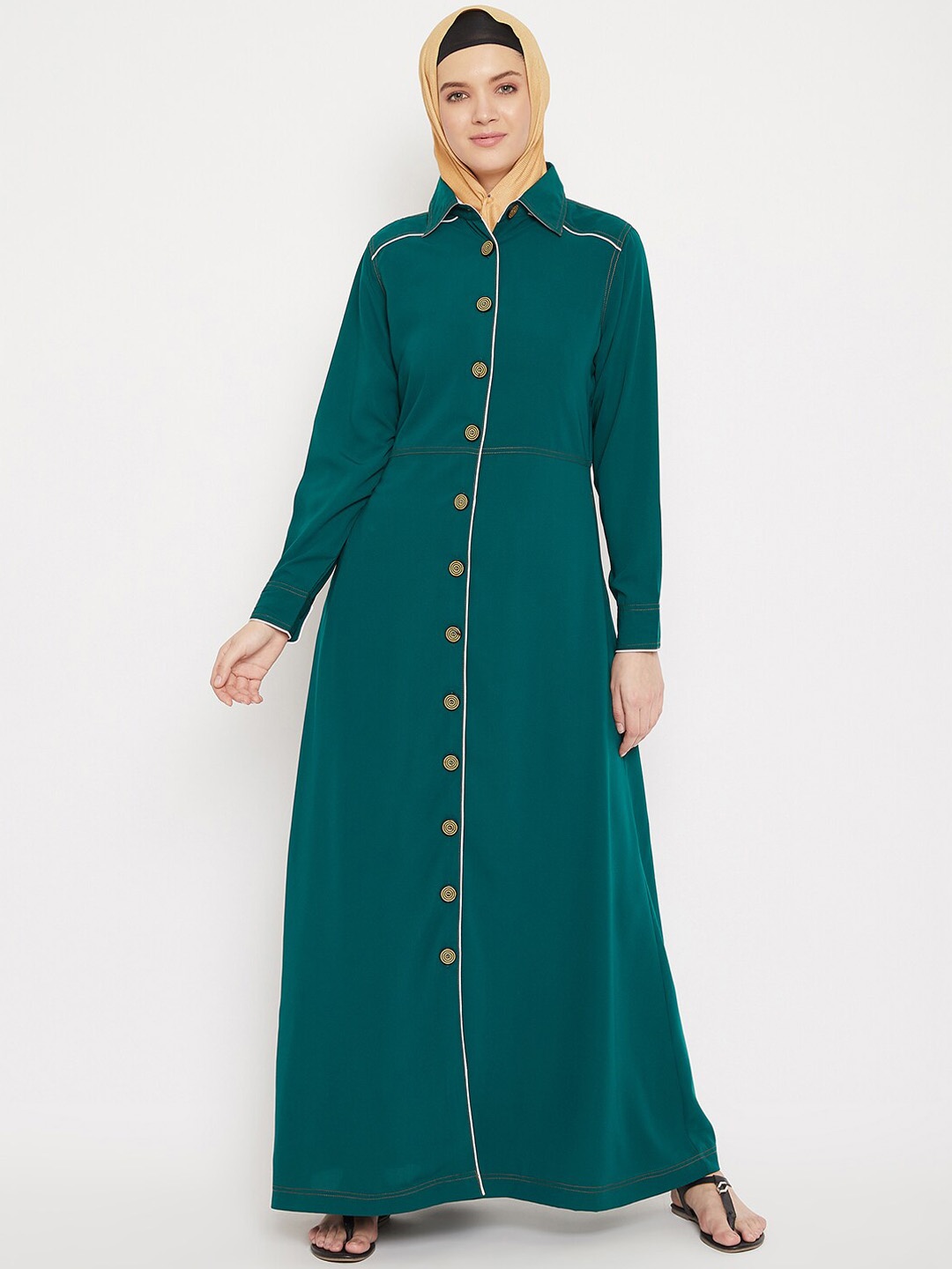 

MOMIN LIBAS Women Green Solid Open Front Abaya Burqa