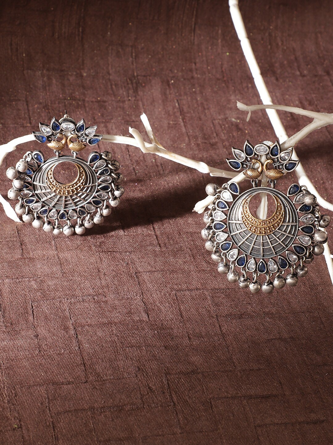 

XAGO Navy Blue Oxidised Silver-Plated Peacock-Detail Crescent-Shaped Chandbalis