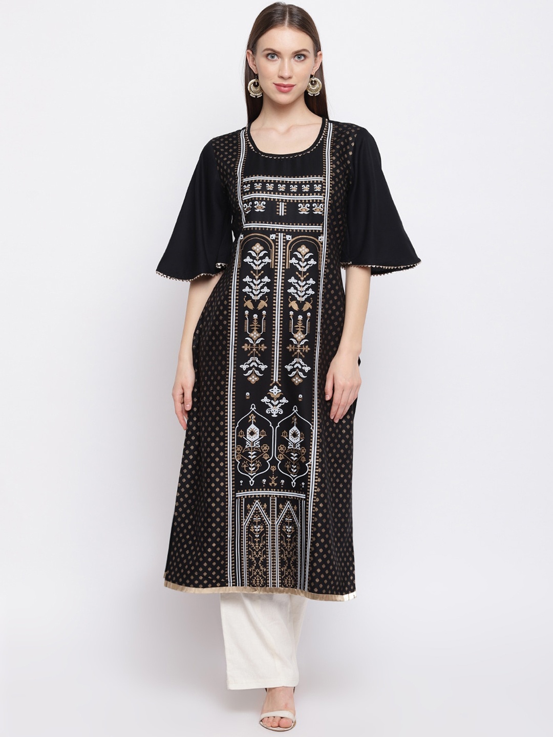 

RIVI Women Black Geometric Flared Sleeves Kurta