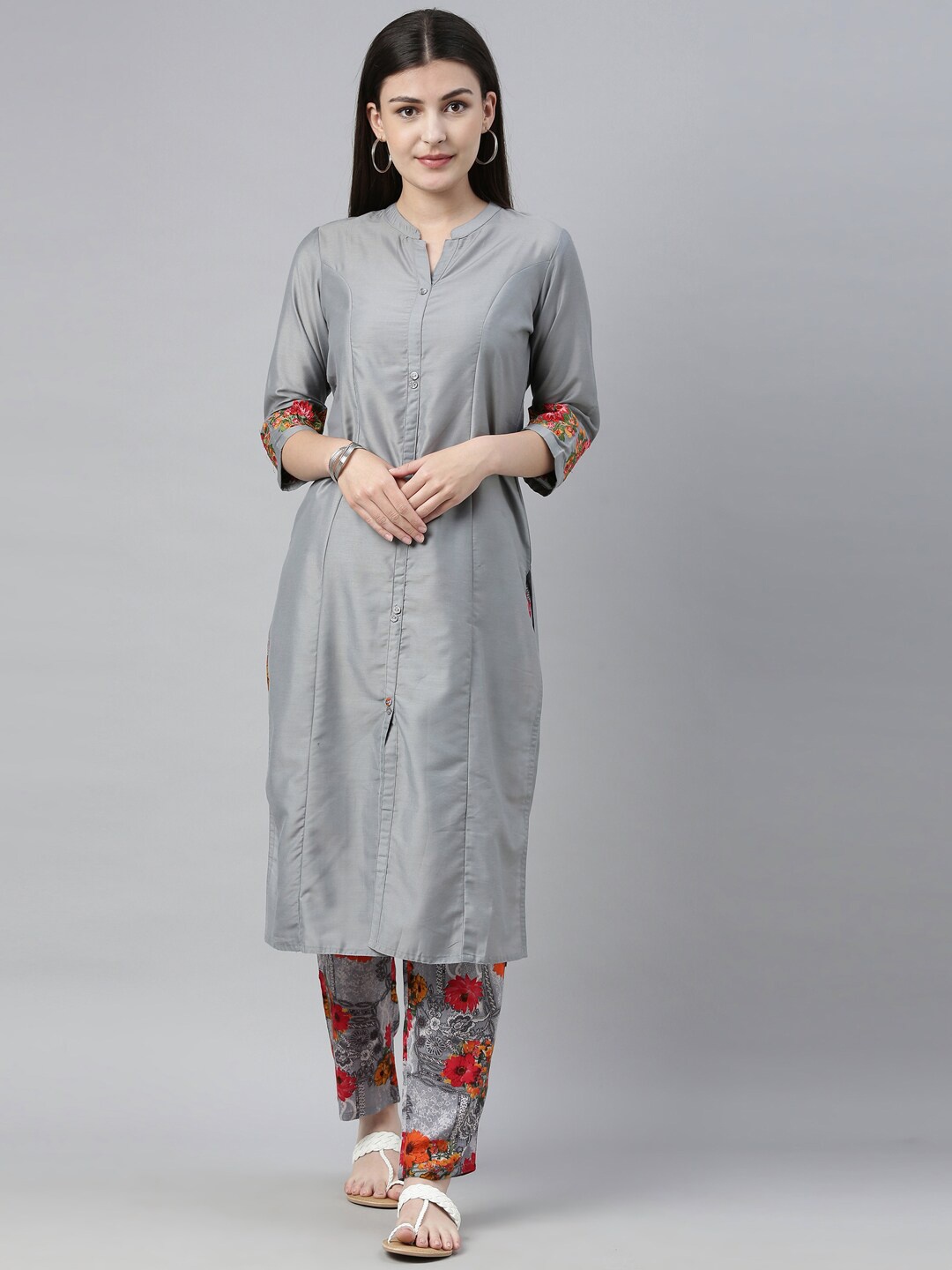 

Neerus Women Grey & Orange Solid Kurta with Pyjamas