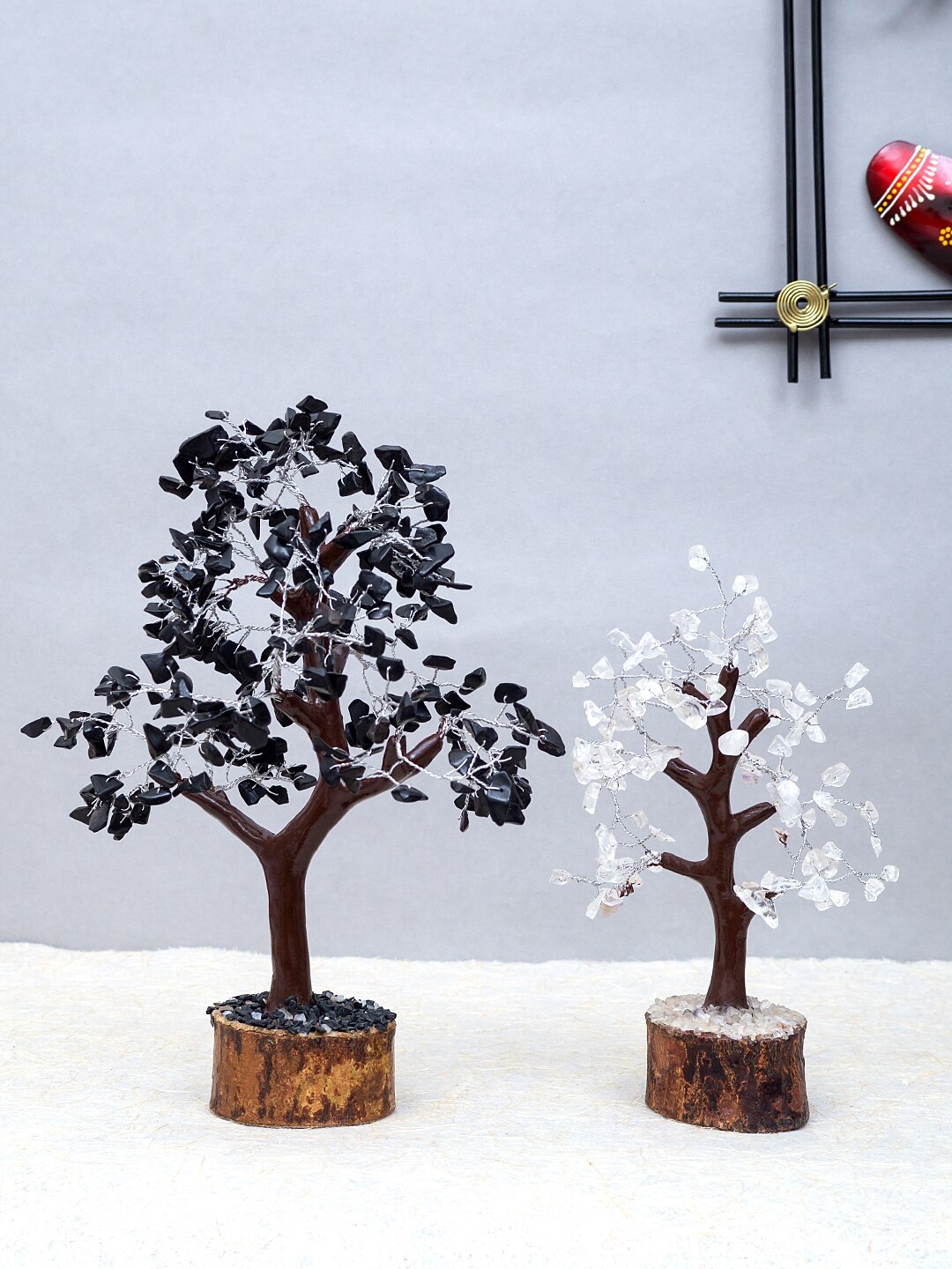 Golden Peacock Set Of 2 Crystal Stone Handcrafted Wishing Tree Showpieces, Black