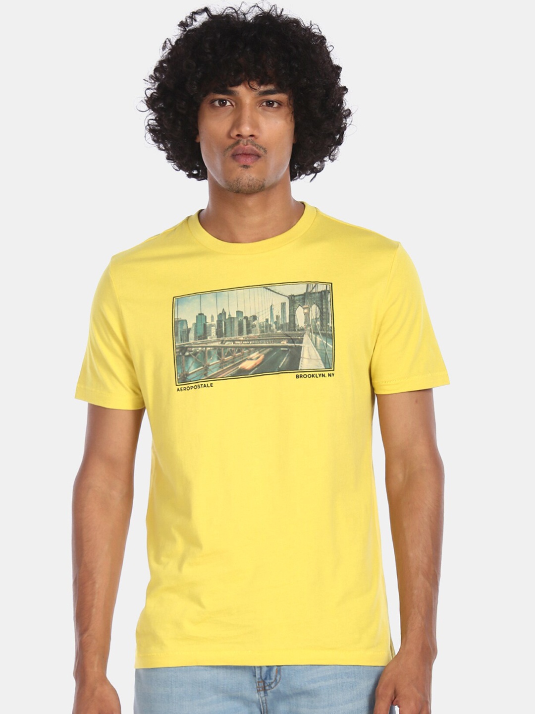 

Aeropostale Men Yellow Printed V-Neck T-shirt