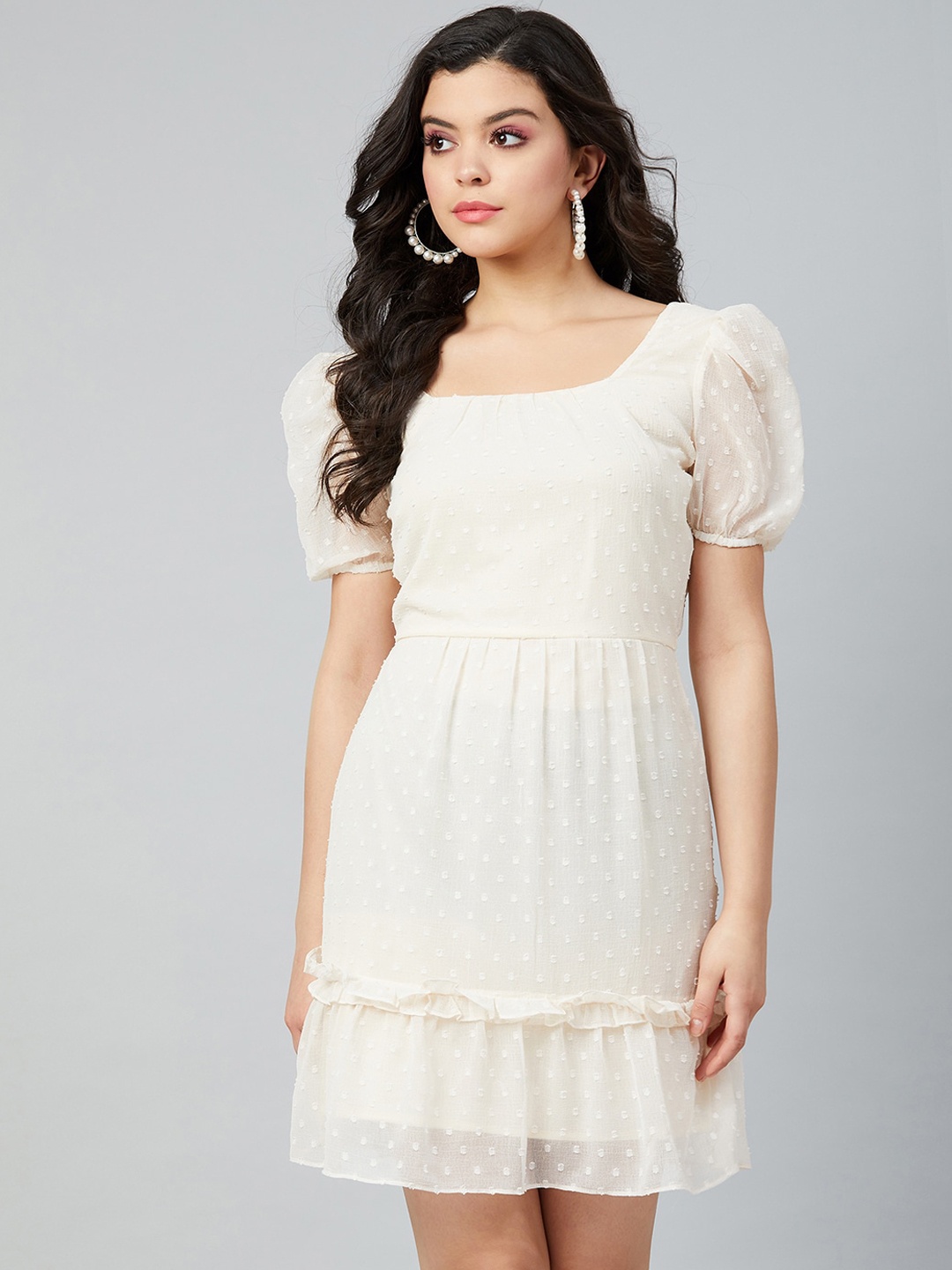 

Athena Women Beige Self Design Fit and Flare Dress