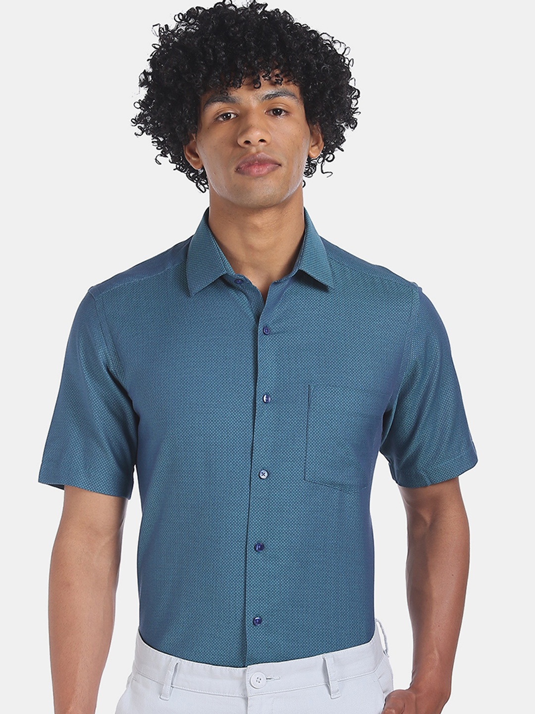 

Arrow Men Blue Regular Fit Self Design Formal Shirt