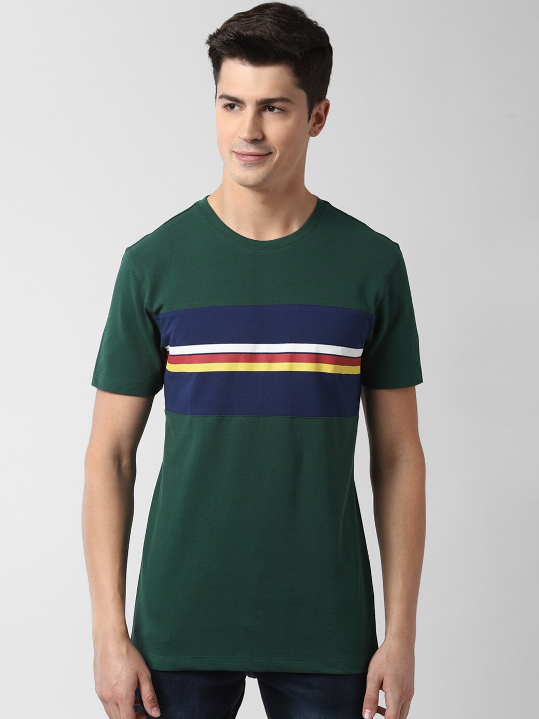 

Peter England Casuals Men Green Striped Round Neck T-shirt