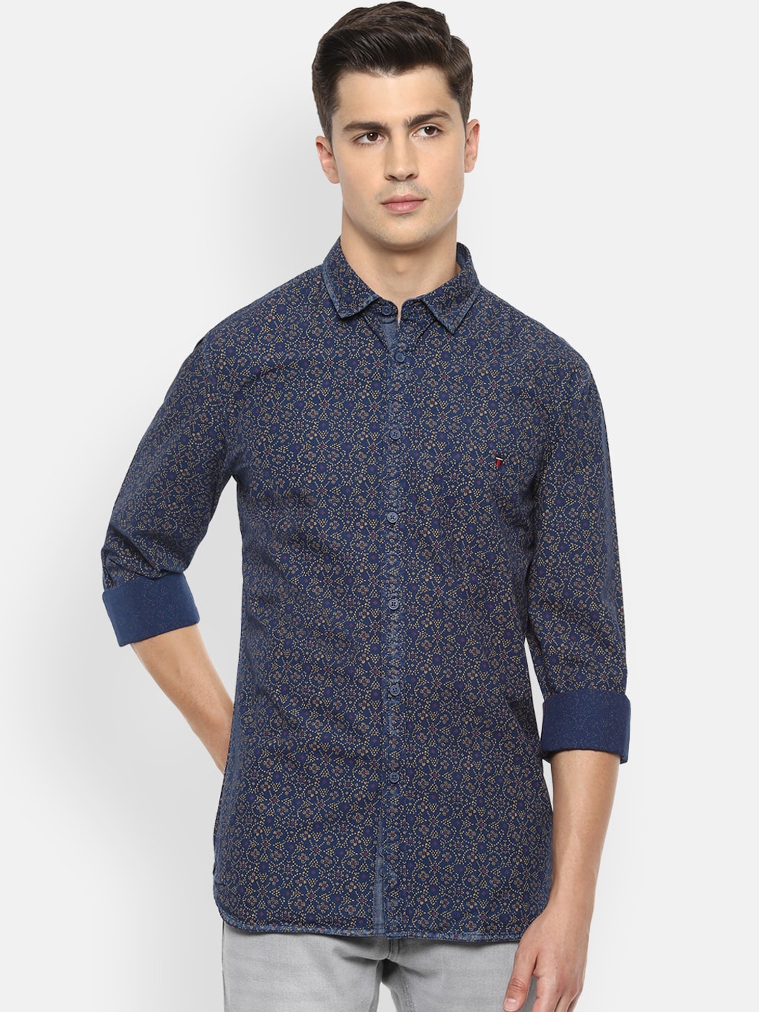 

Louis Philippe Jeans Men Navy Blue & Yellow Slim Fit Printed Casual Shirt