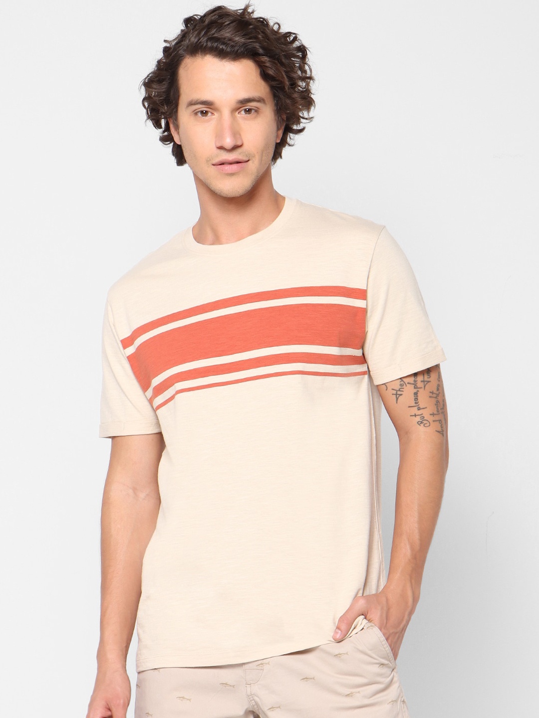 

Celio Men Beige Striped Round Neck Pure Cotton T-shirt