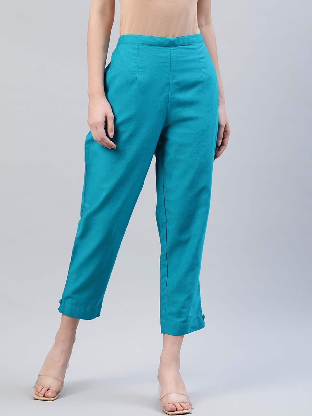 Libas Women Blue Solid Cotton Trousers