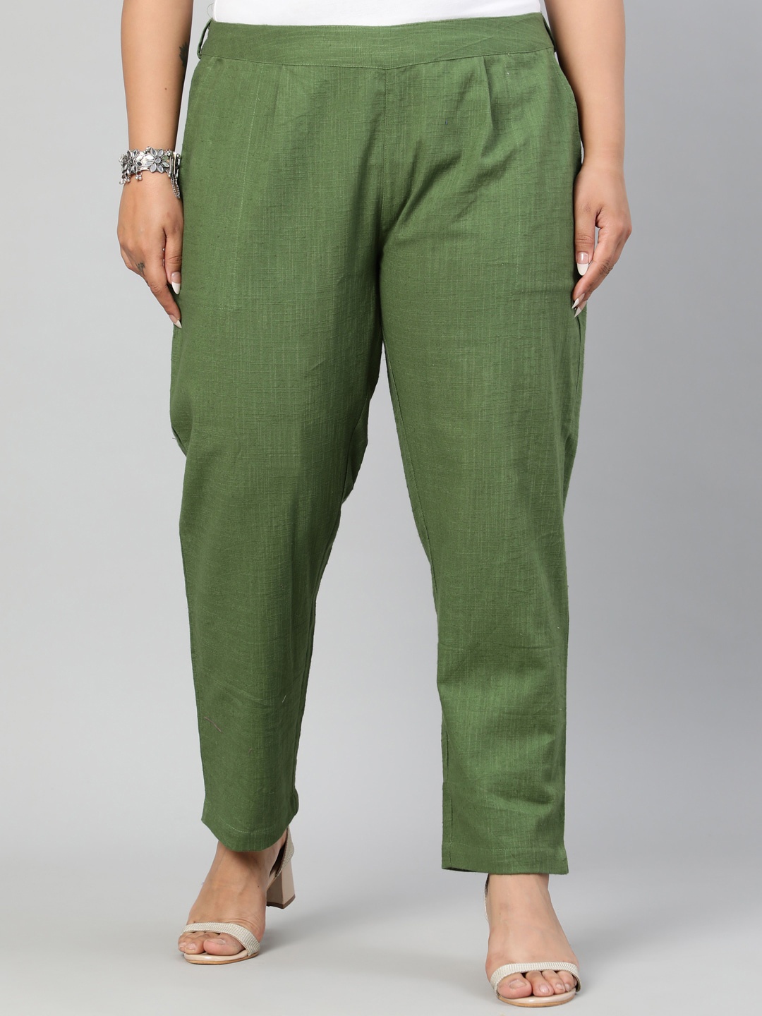 

Jaipur Kurti Women Olive Green Regular Fit Solid Regular Trousers