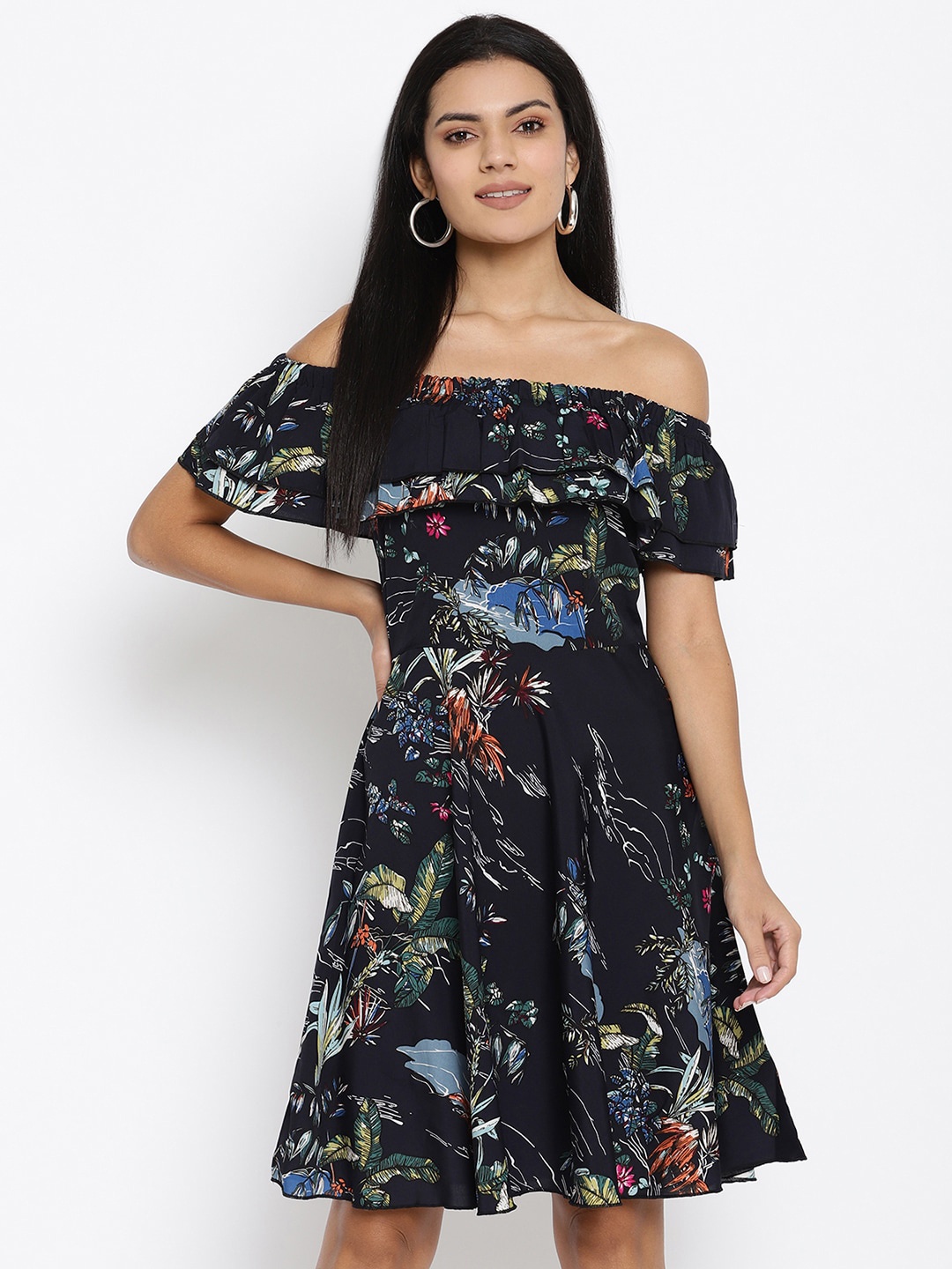 

THREAD MUSTER Women Black & Green Tropical Printed A-Line Dress