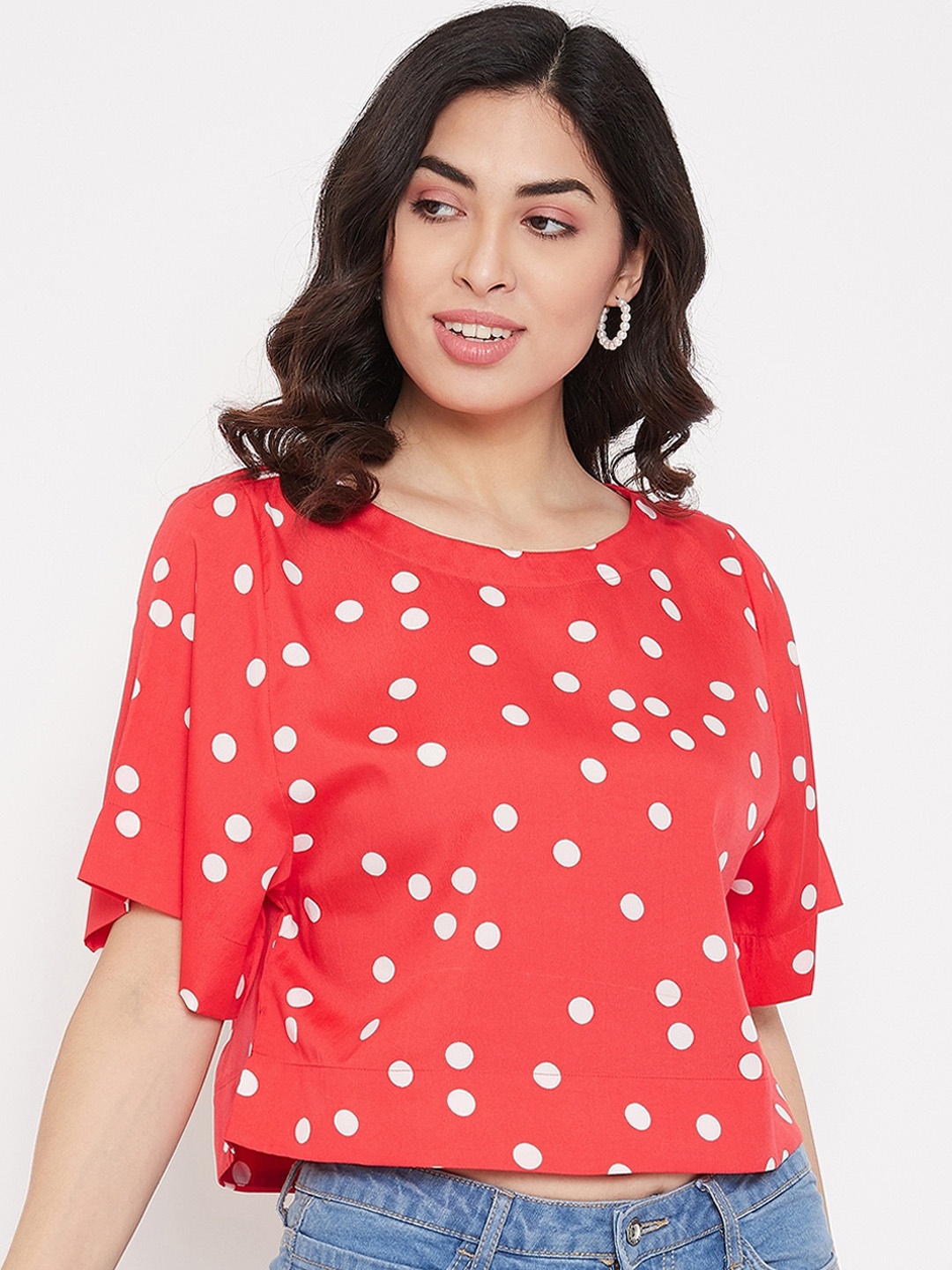 

Ruhaans Red & White Polka Dot Printed Crepe Regular Crop Top