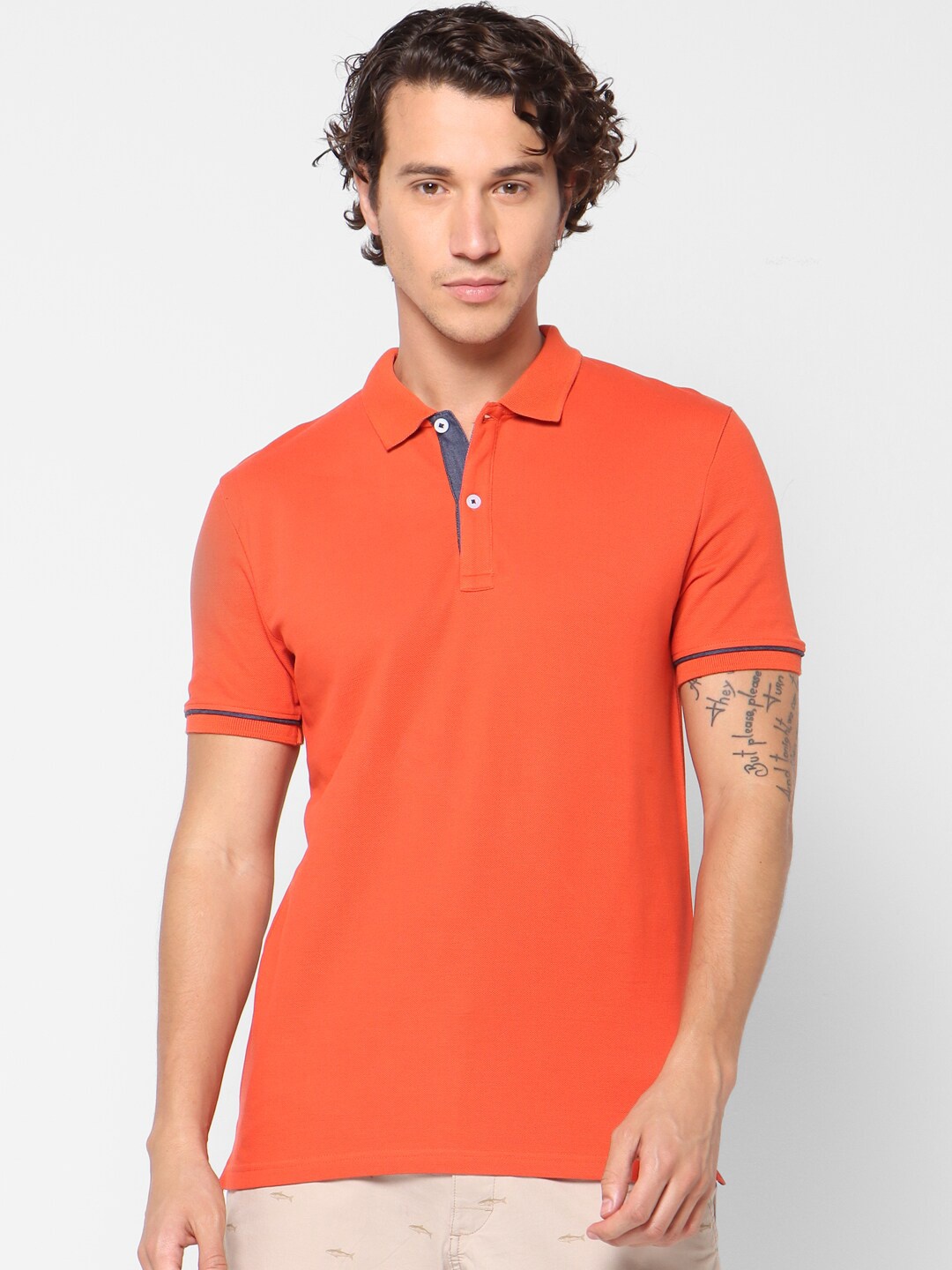 Celio Men Orange Solid Polo Collar Pure Cotton T-shirt