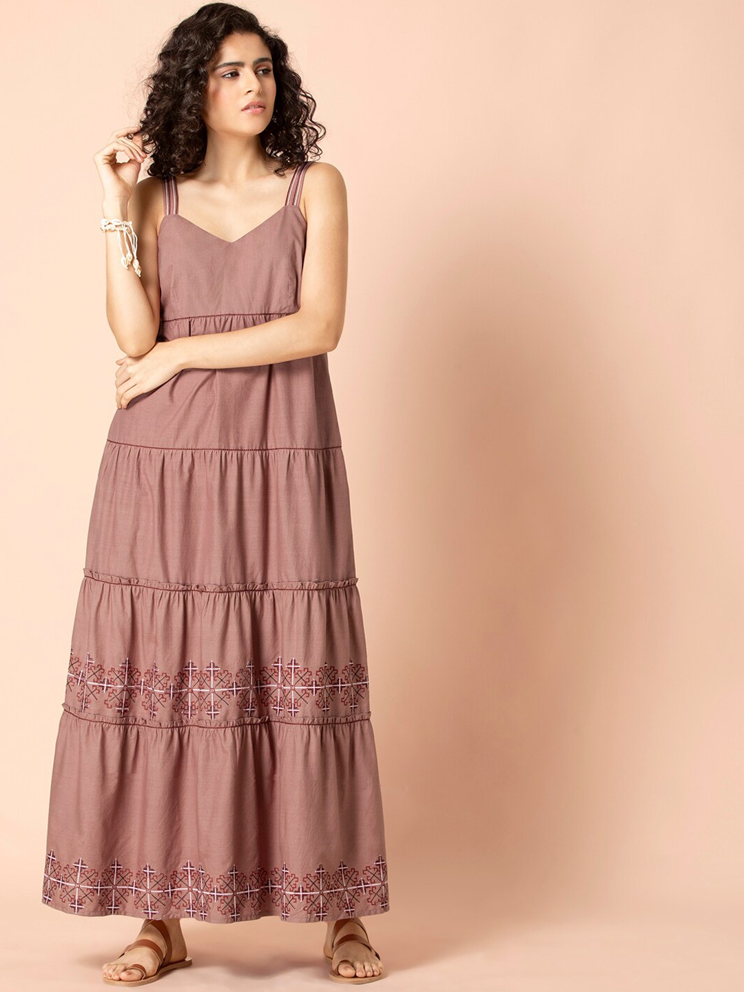 

Earthen BY INDYA Rose Pink Embroidered Tiered Maxi Dress, Brown
